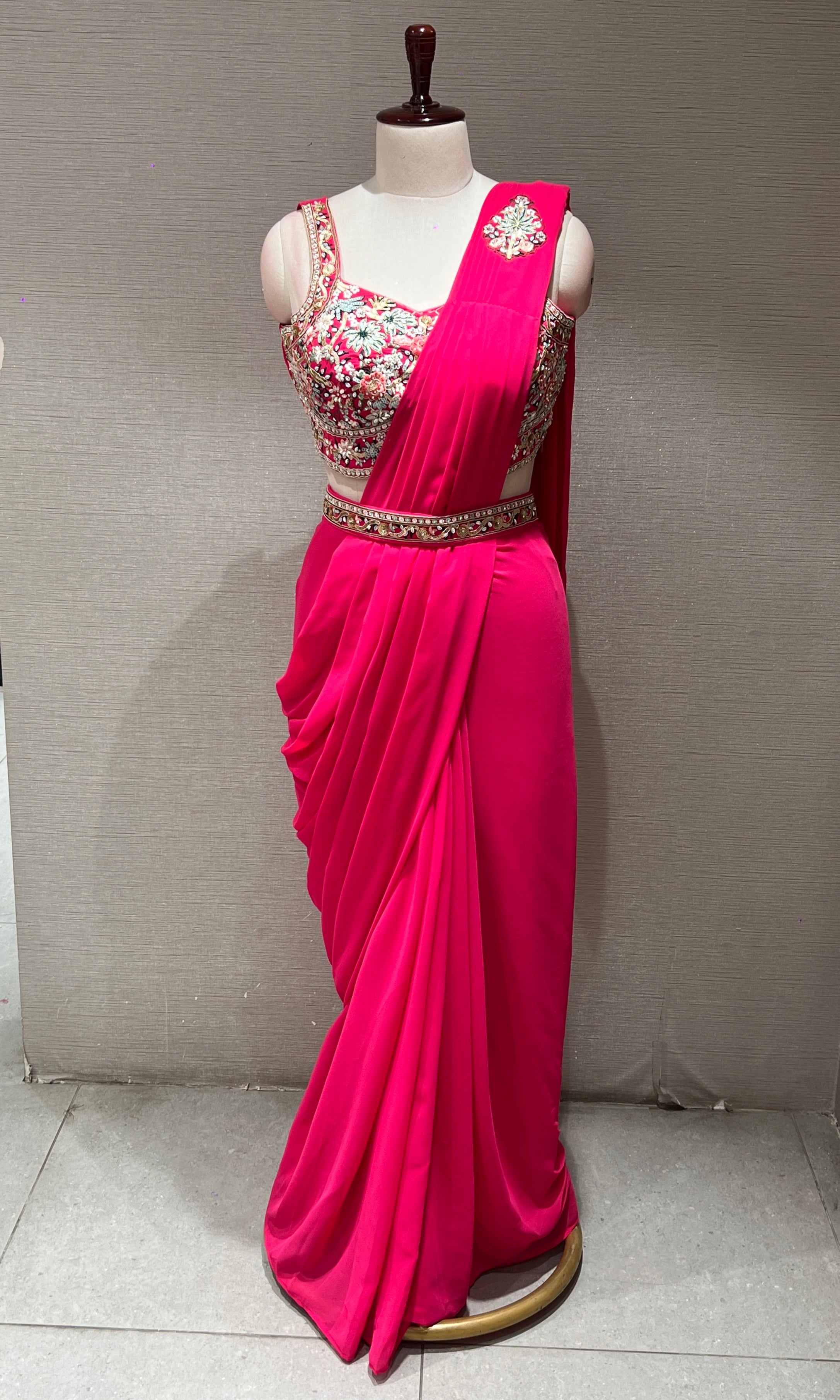 Pink drape saree WITH FLORAL BLOUSE