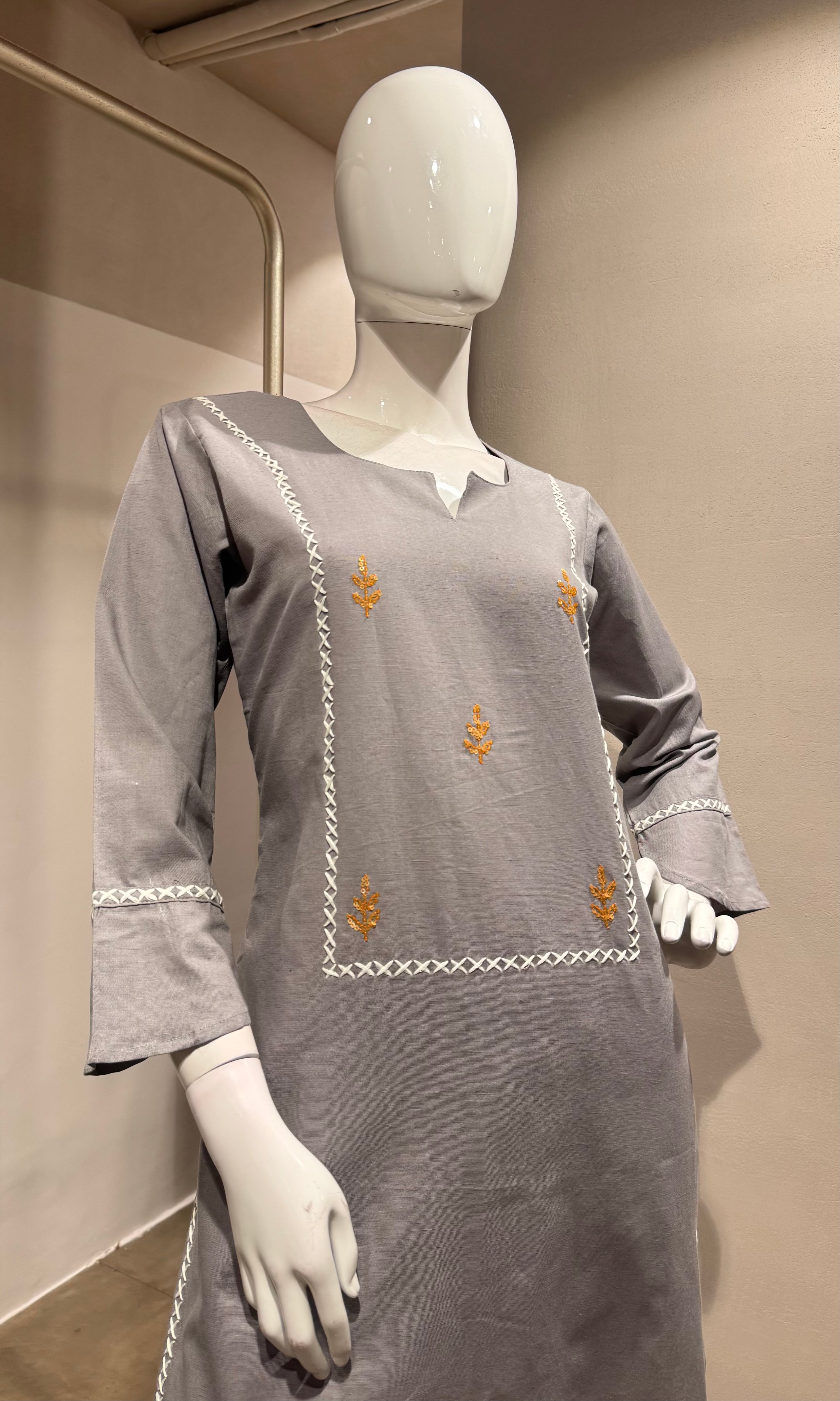 grey embroidered KURTI WITH BOTTOM