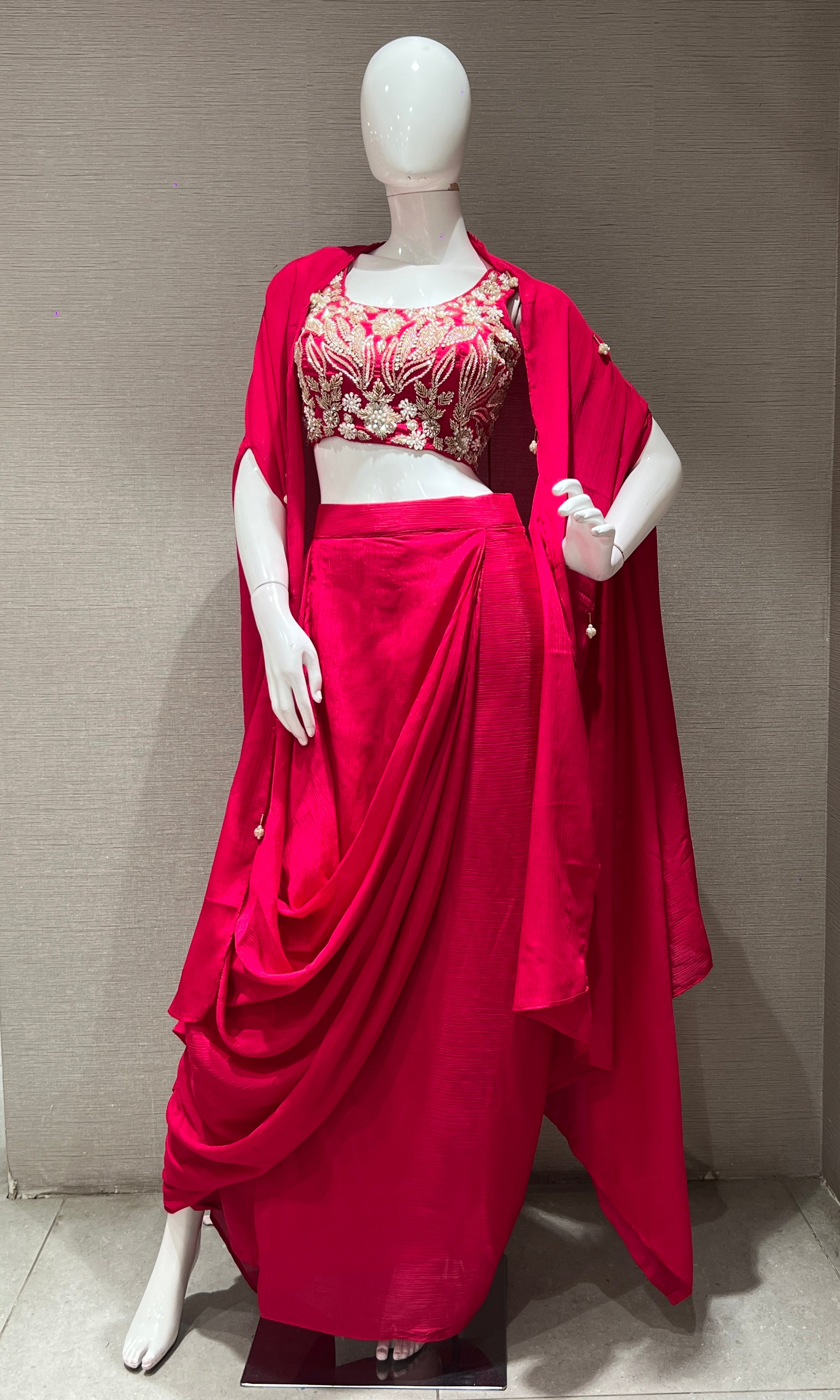 PINK EMBROIDERED BLOUSE with draped skirt & cape