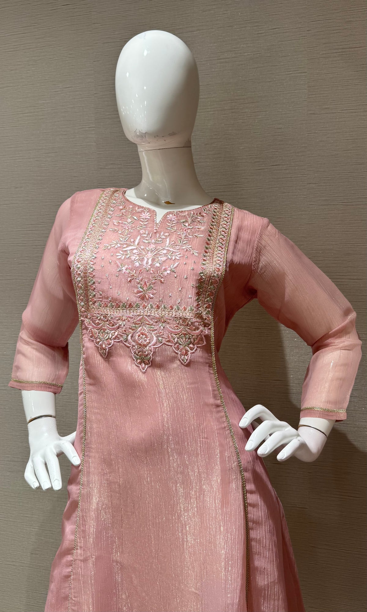 Onion Pink A Line Kurta top with Silver Embroidery