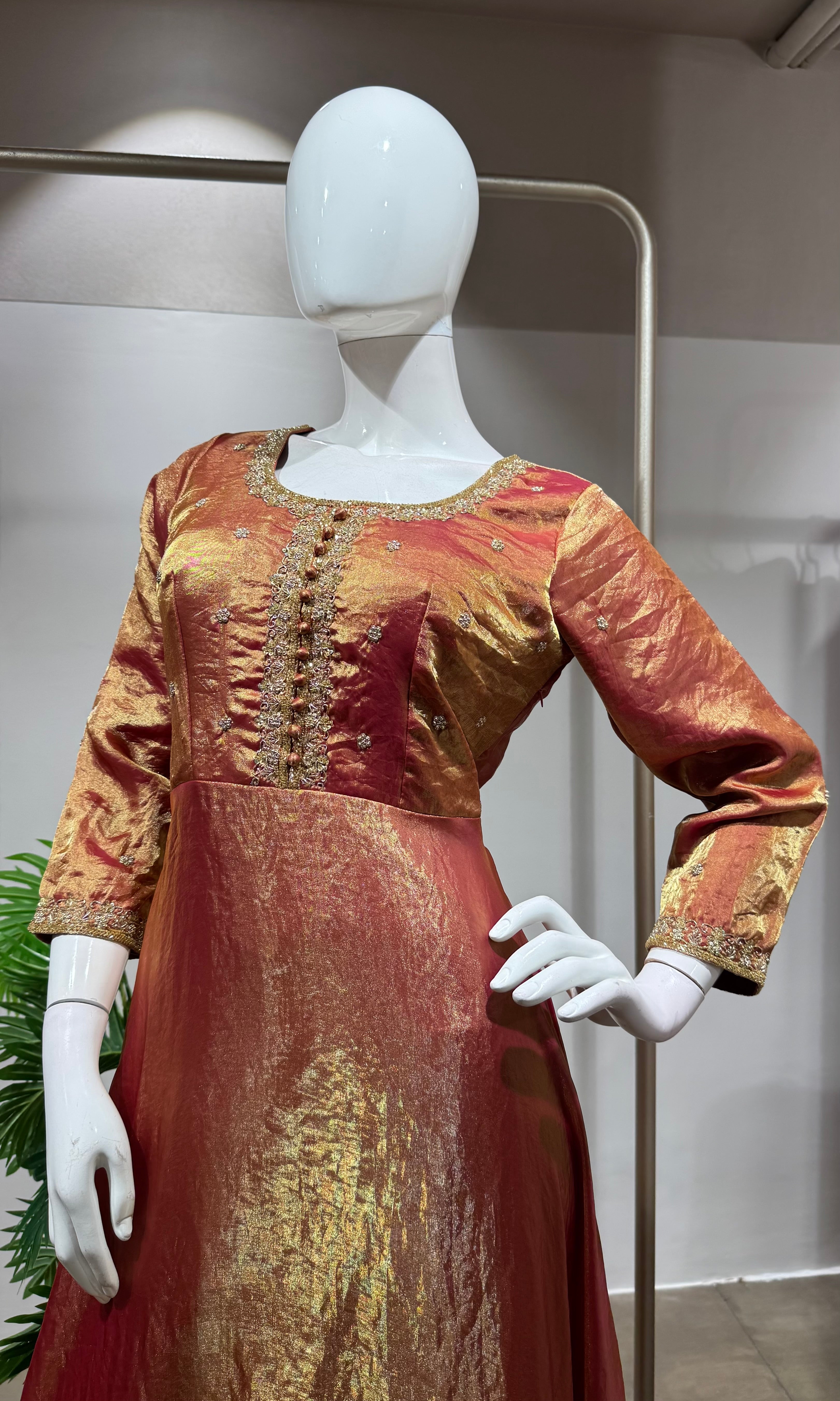 Shimmering RUST-Gold Silk Tissue Anarkali Set