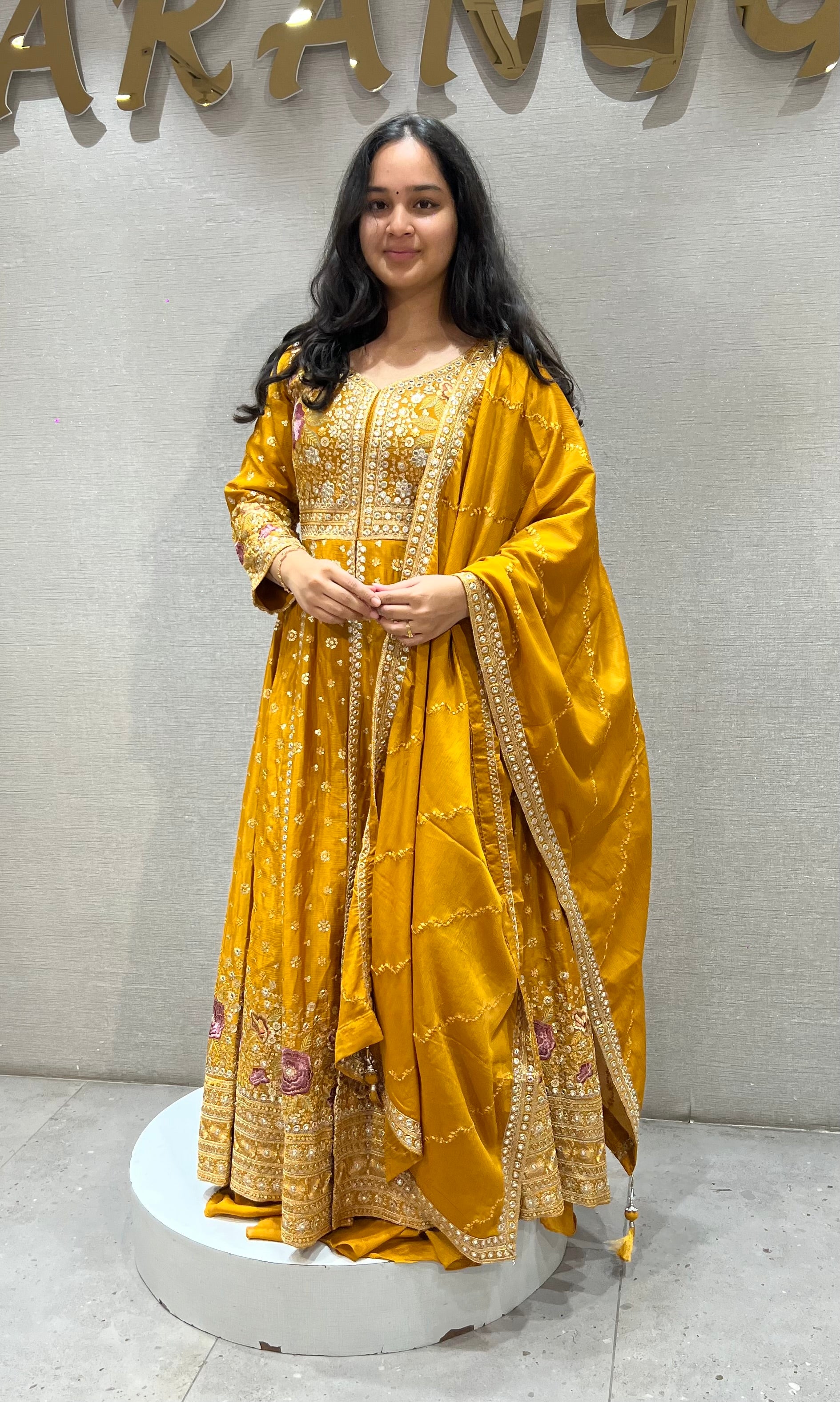 Mustard Yellow Silk Anarkali set with Zari dupatta