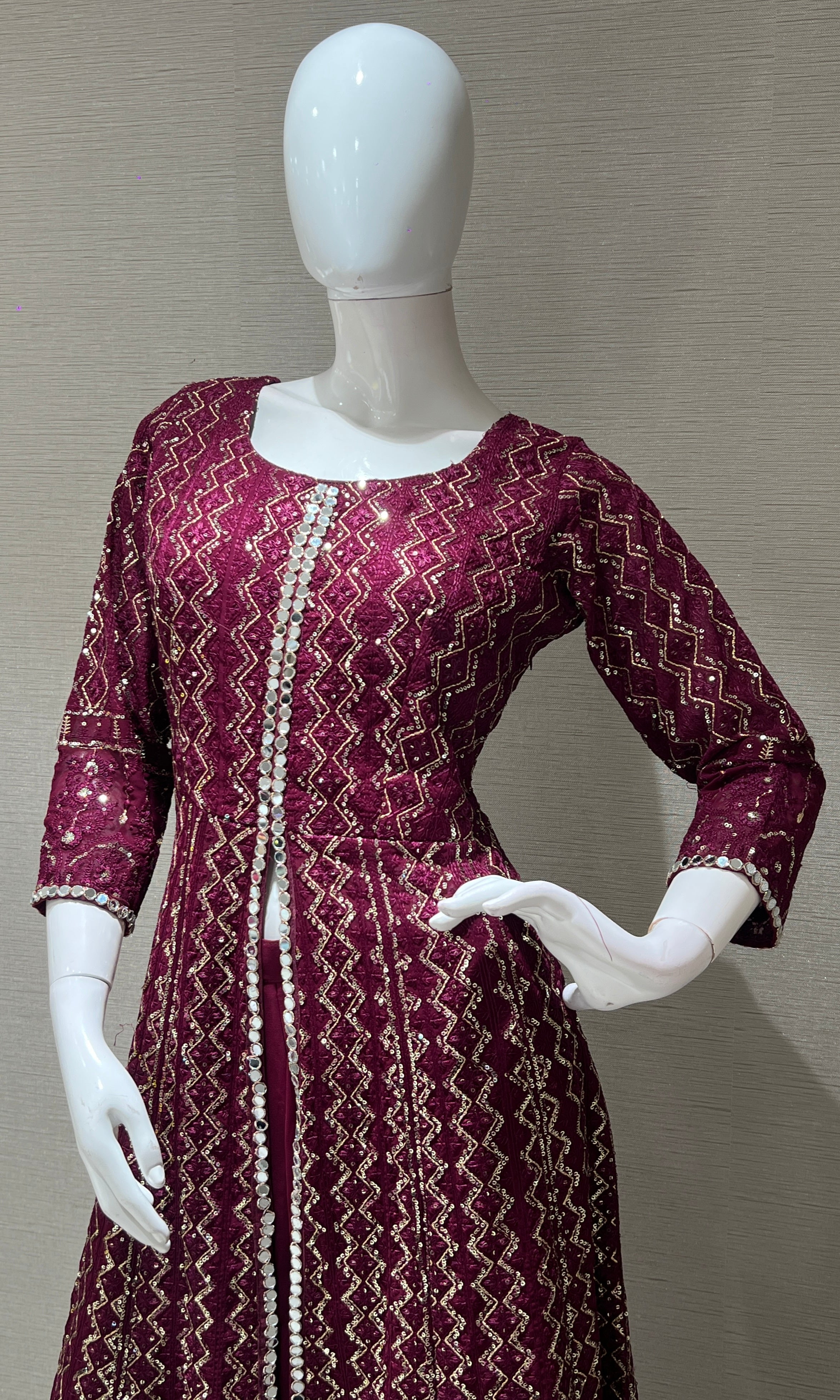 Wine front slit Anarkali with palazzo pants