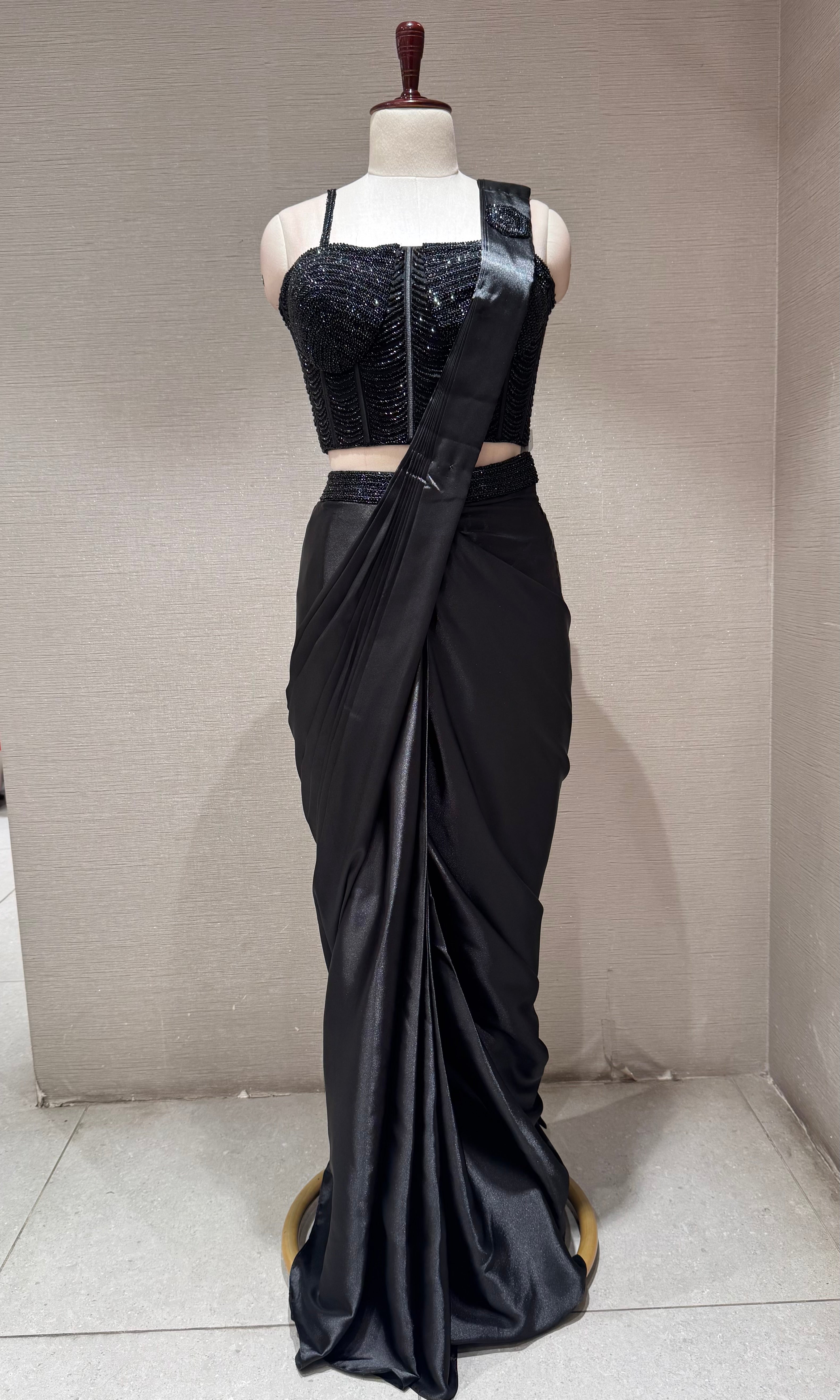 Black Midnight Satin Drape Saree Set