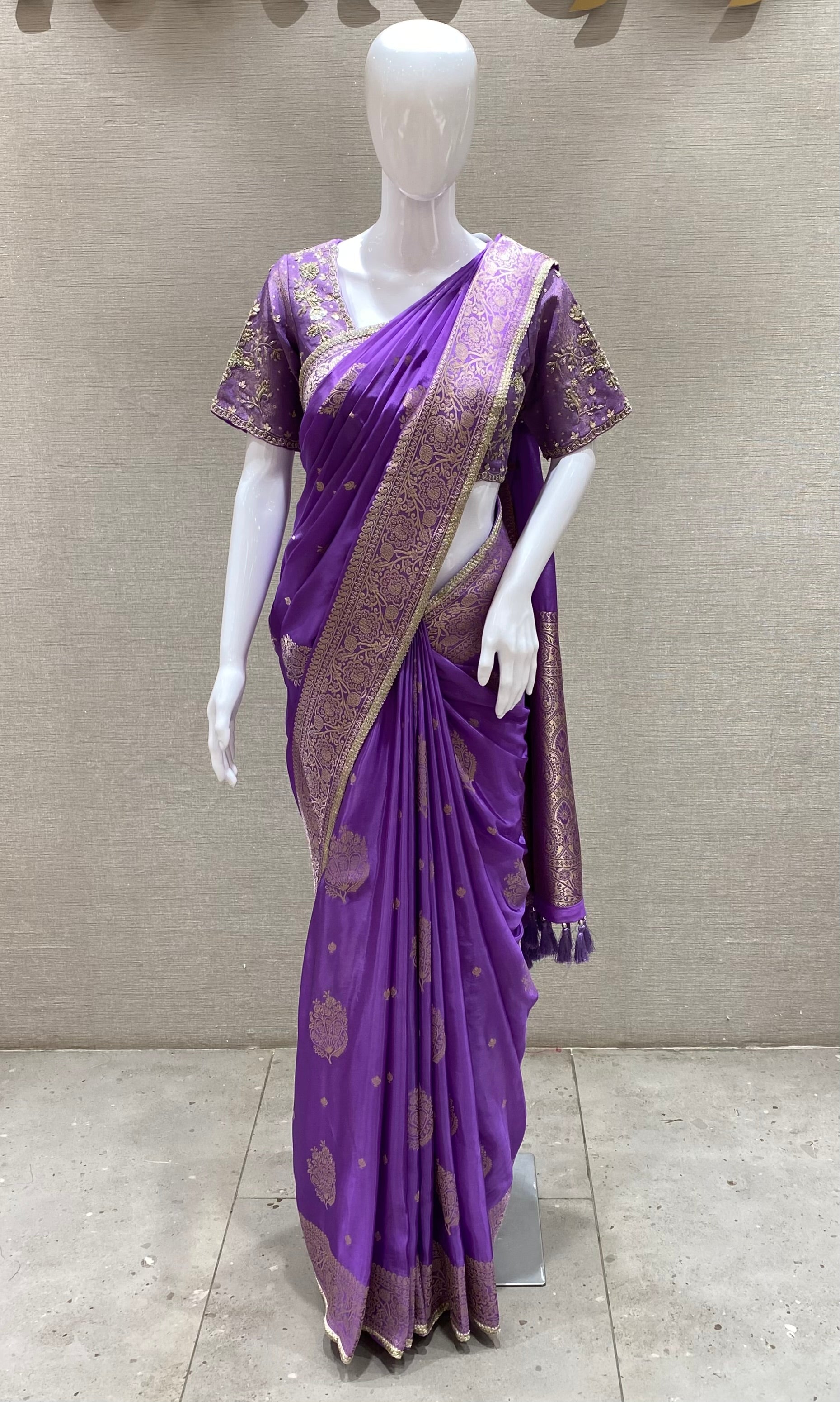Lavender banarasi saree with ready blouse