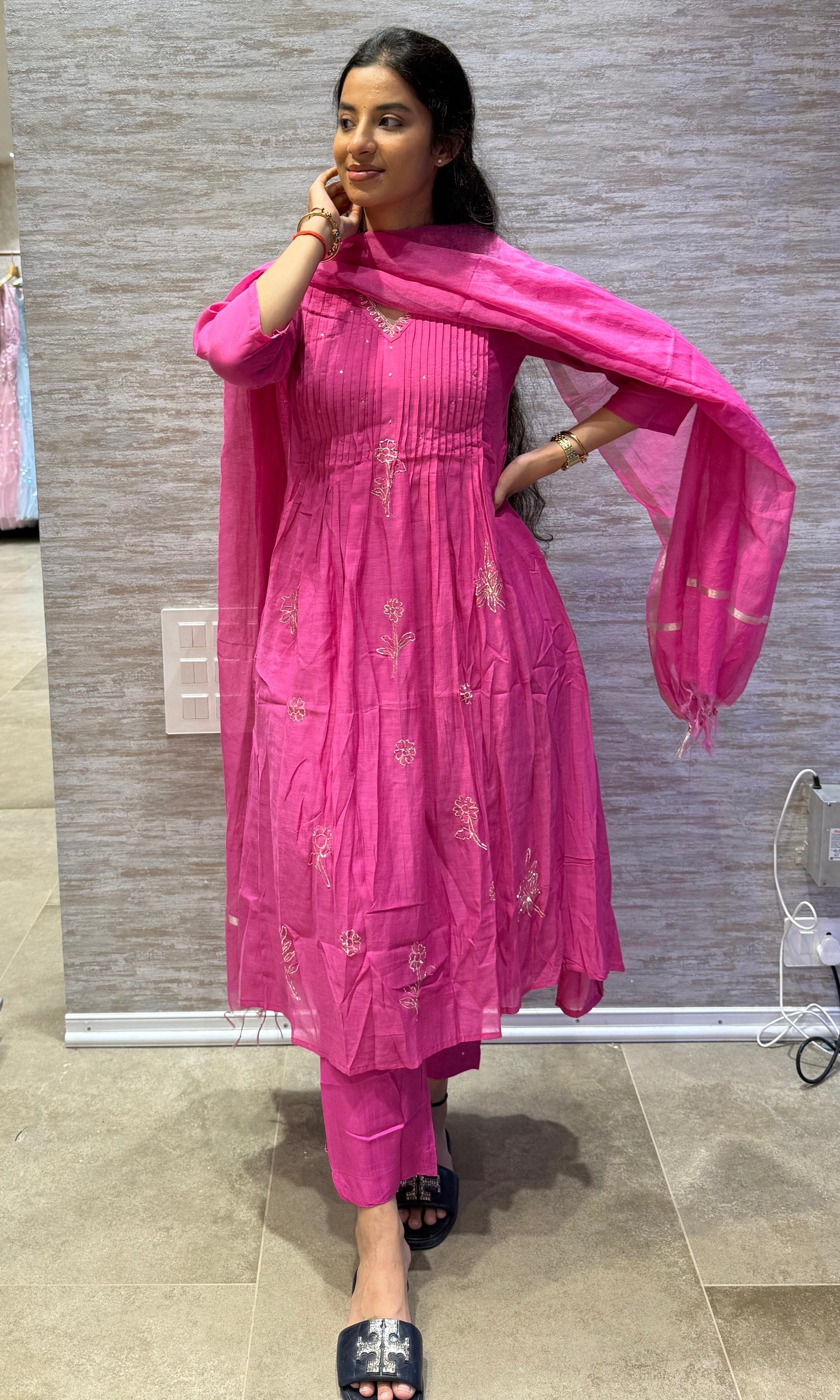 Fuchsia Bloom Mul Chanderi Set
