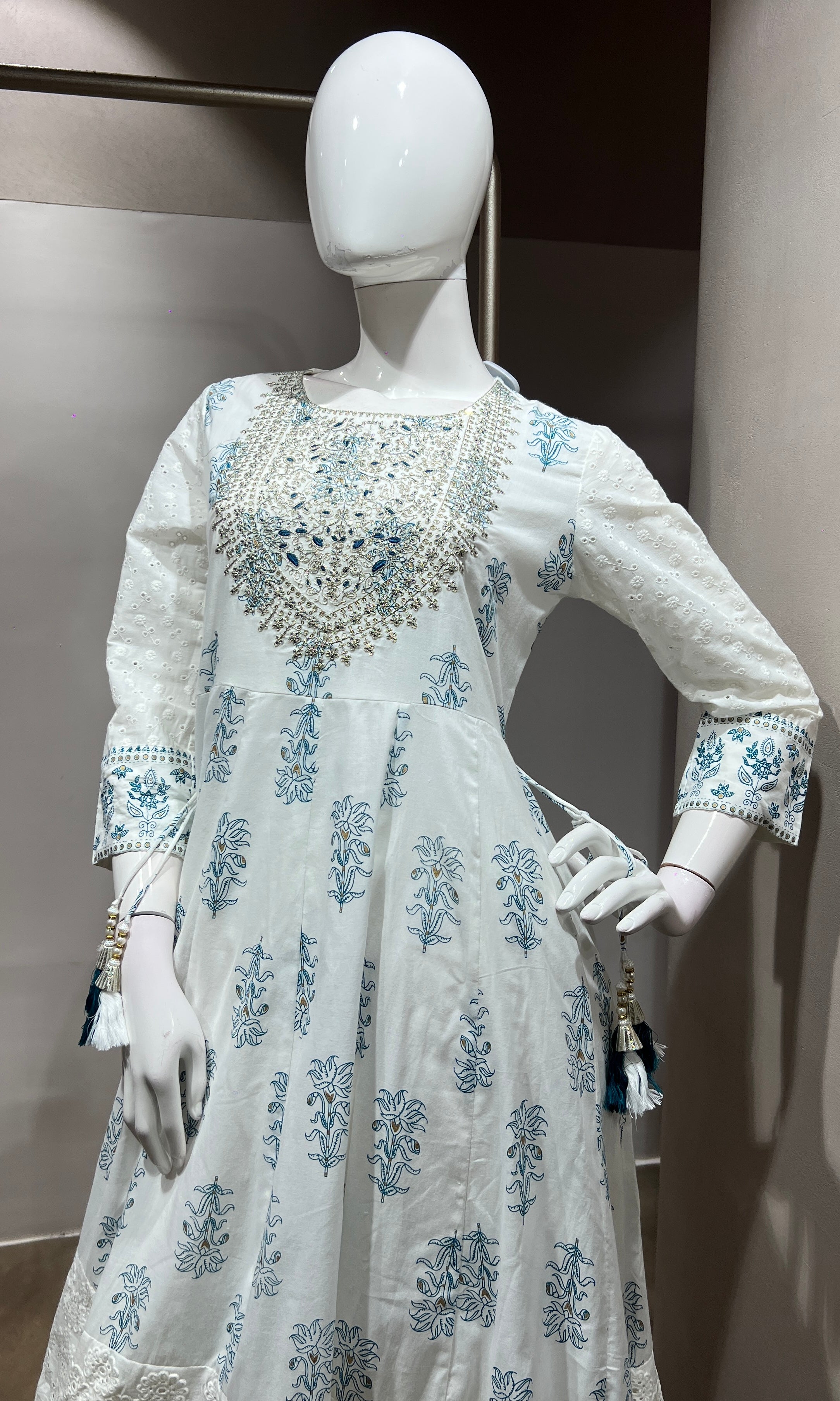 White and Sky Blue Floral Printed Anarkali Set