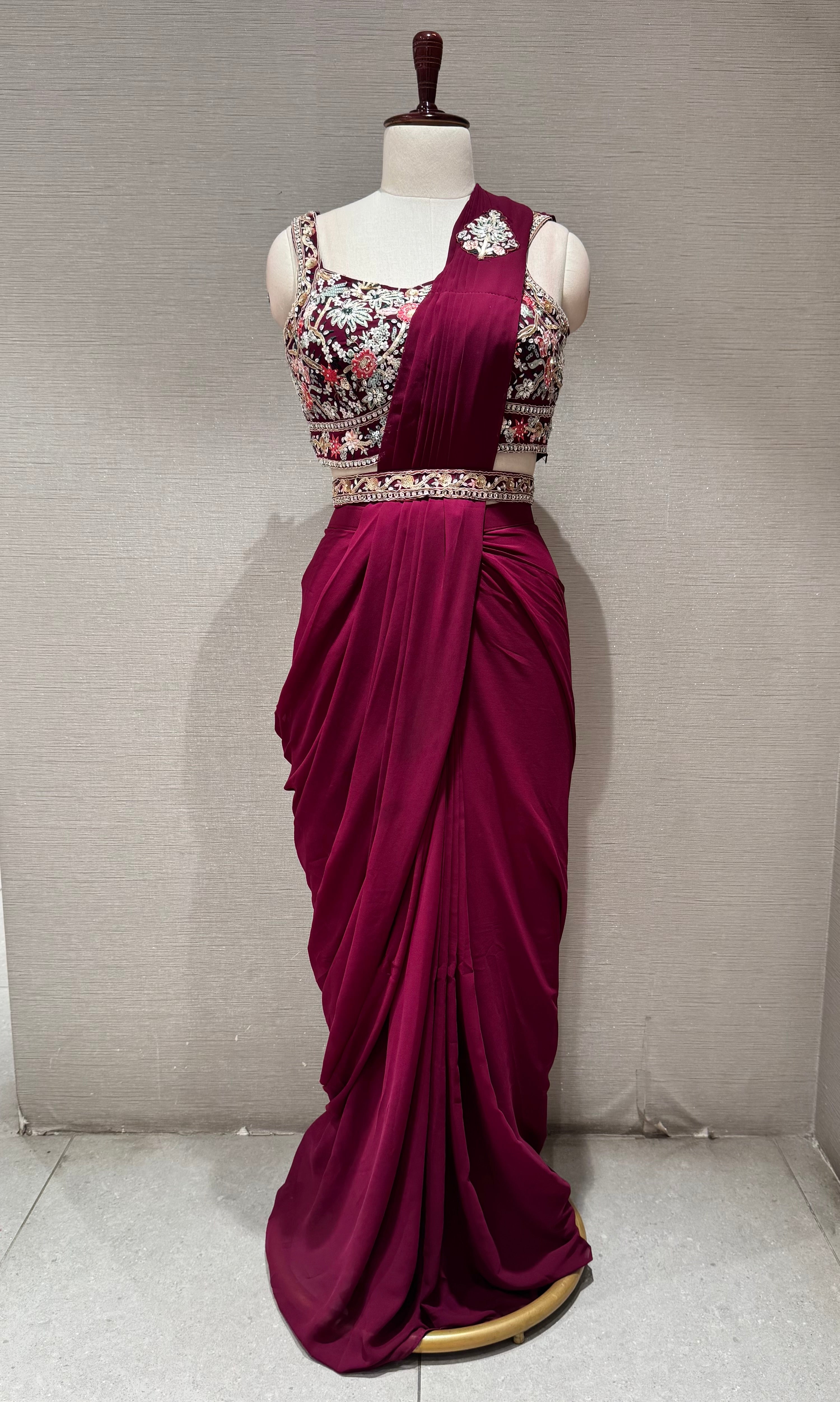 Wine Draped Saree with Floral Embroidered Blouse & Belt