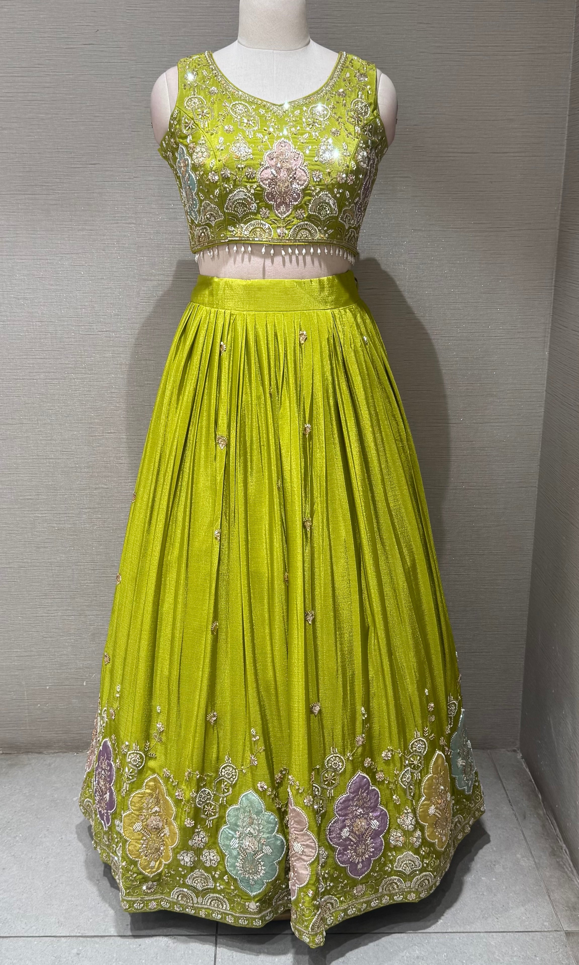 Lime Green Tissue silk Lehenga with Multi Floral border