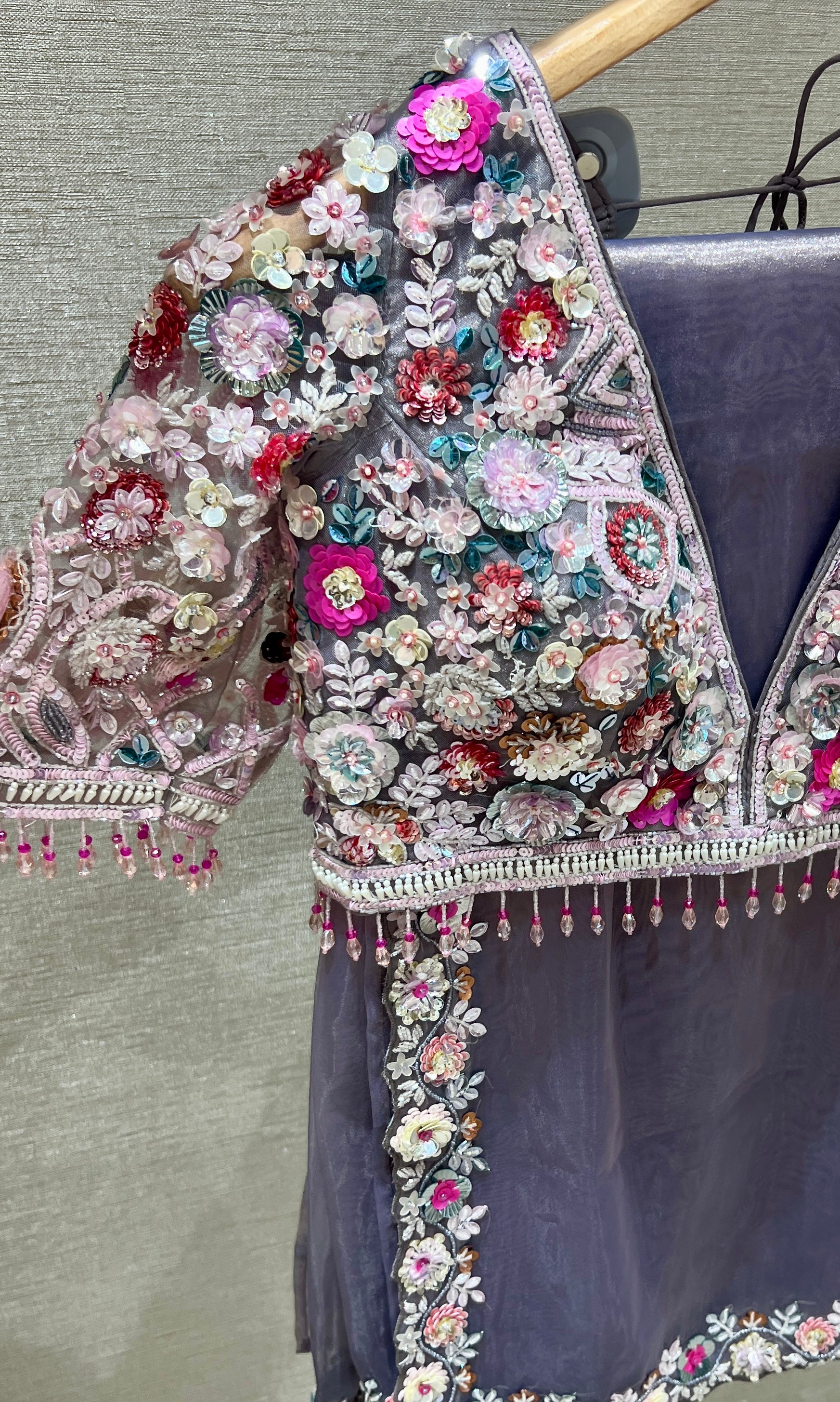 Lilac saree with embroidery ready blouse