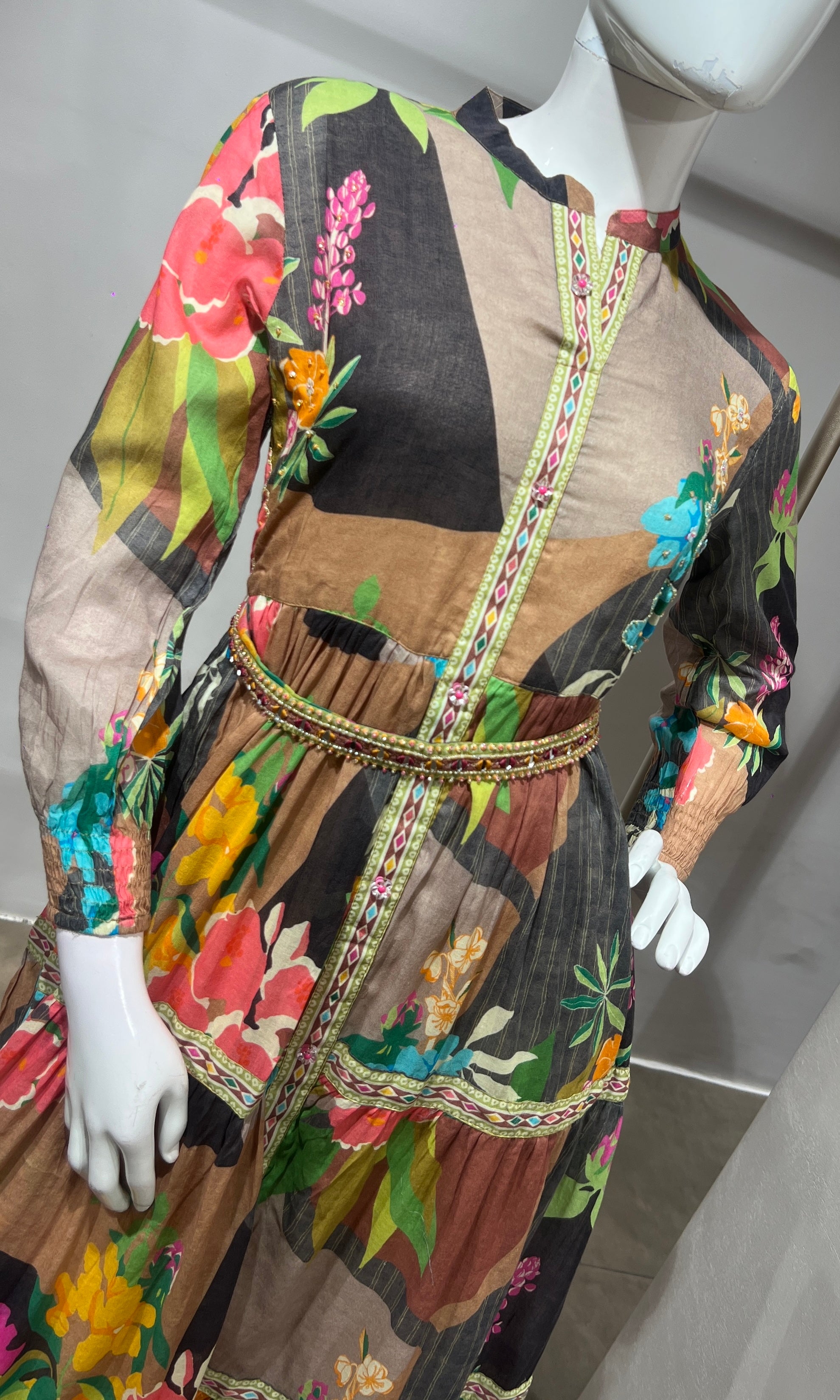 Green Multi Abstract Print Long Sleeve Frock