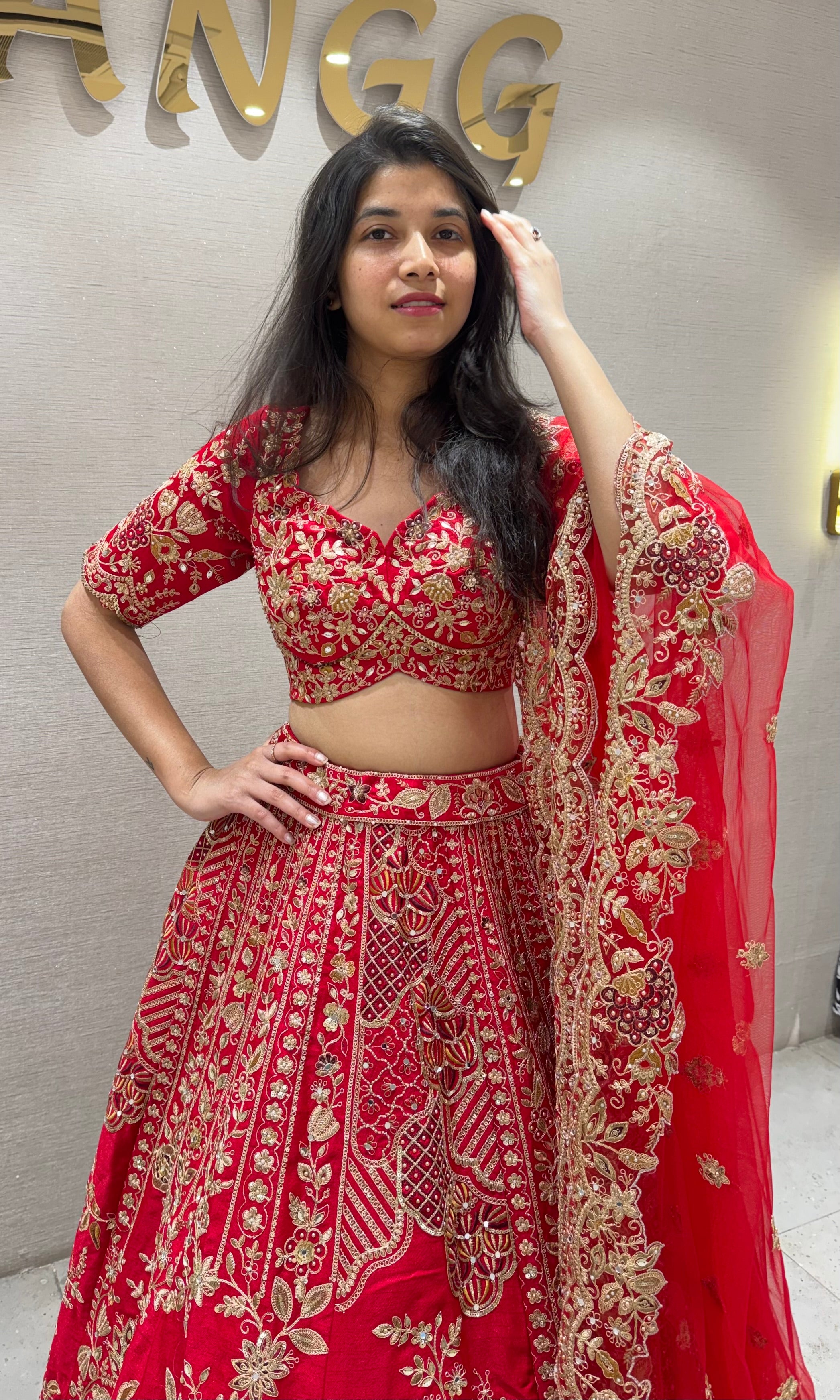 Red GOLDEN FLORAL EMBROIDERED lehenga