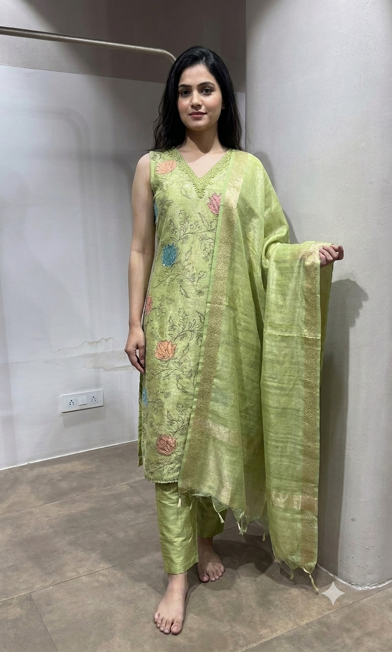 green tissue kurta set with sheer dupatta