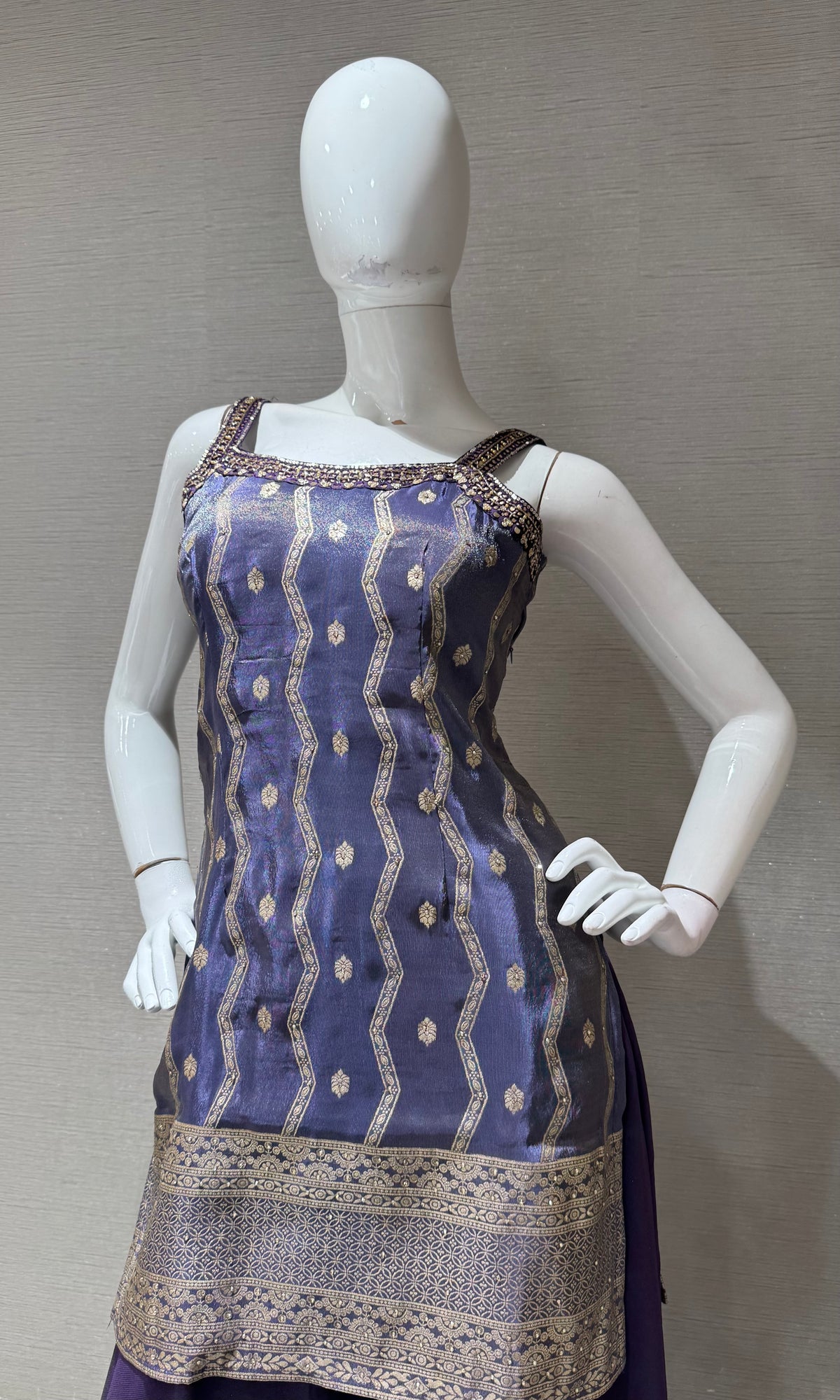 Purple Golden Georgette Flared Sharara set with Dupatta