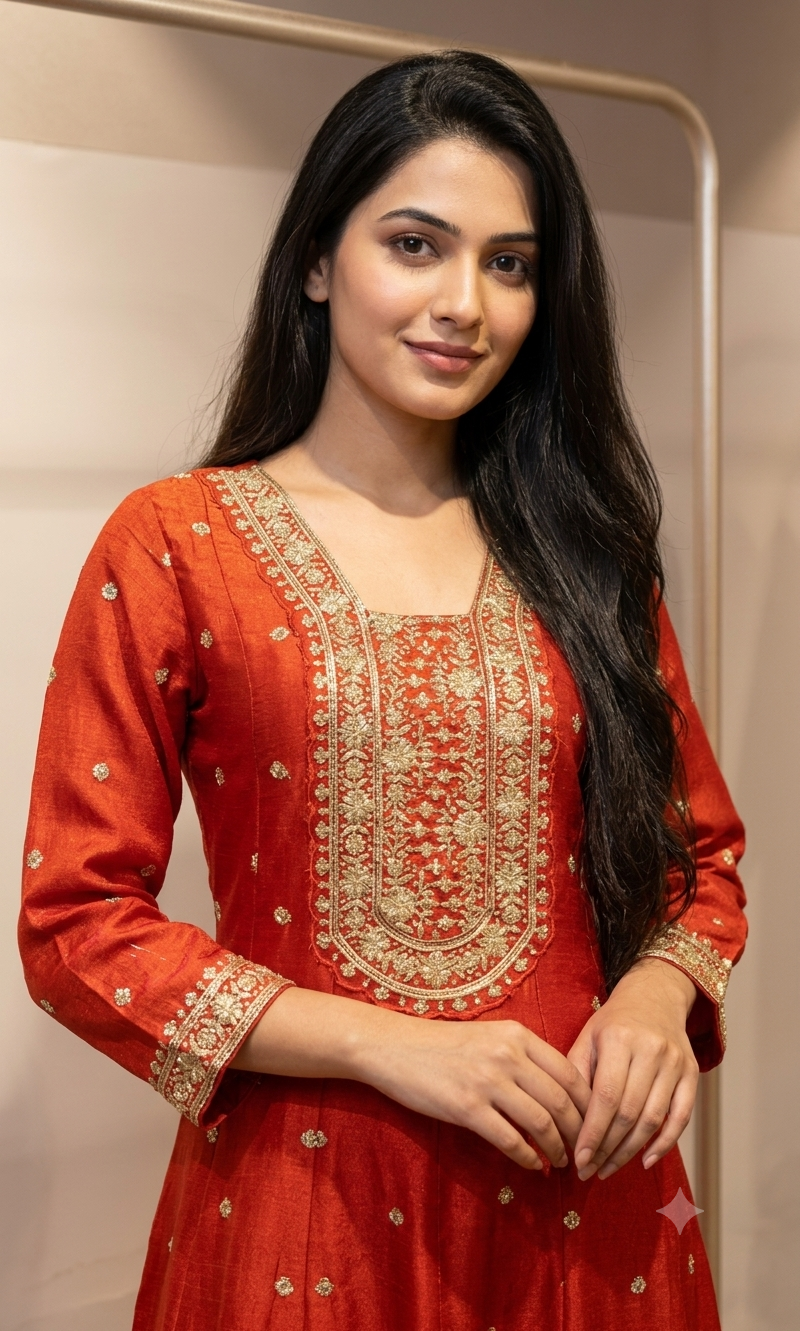 Rust gold embroidered Anarkali set