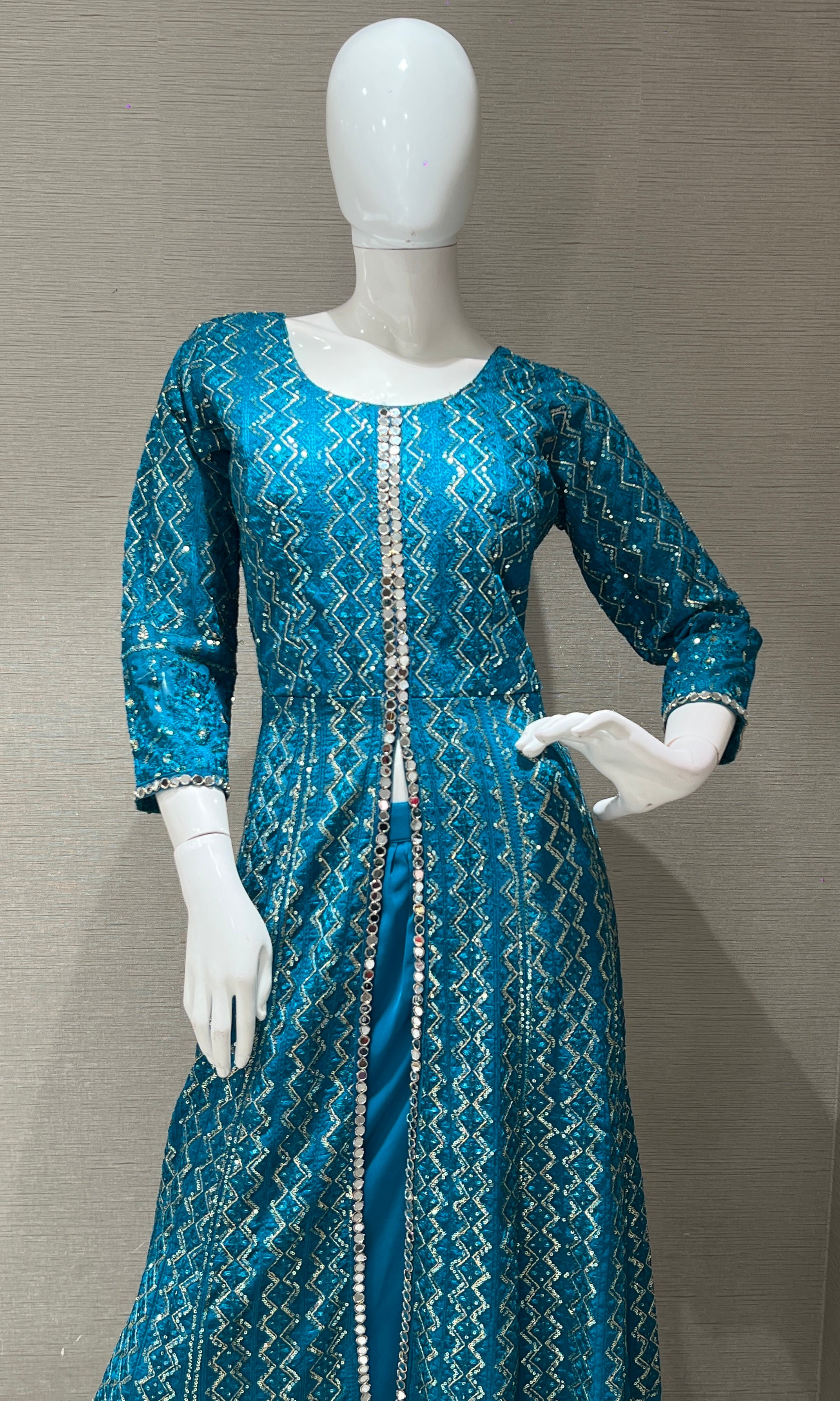 Rama blue front slit Anarkali with palazzo pants