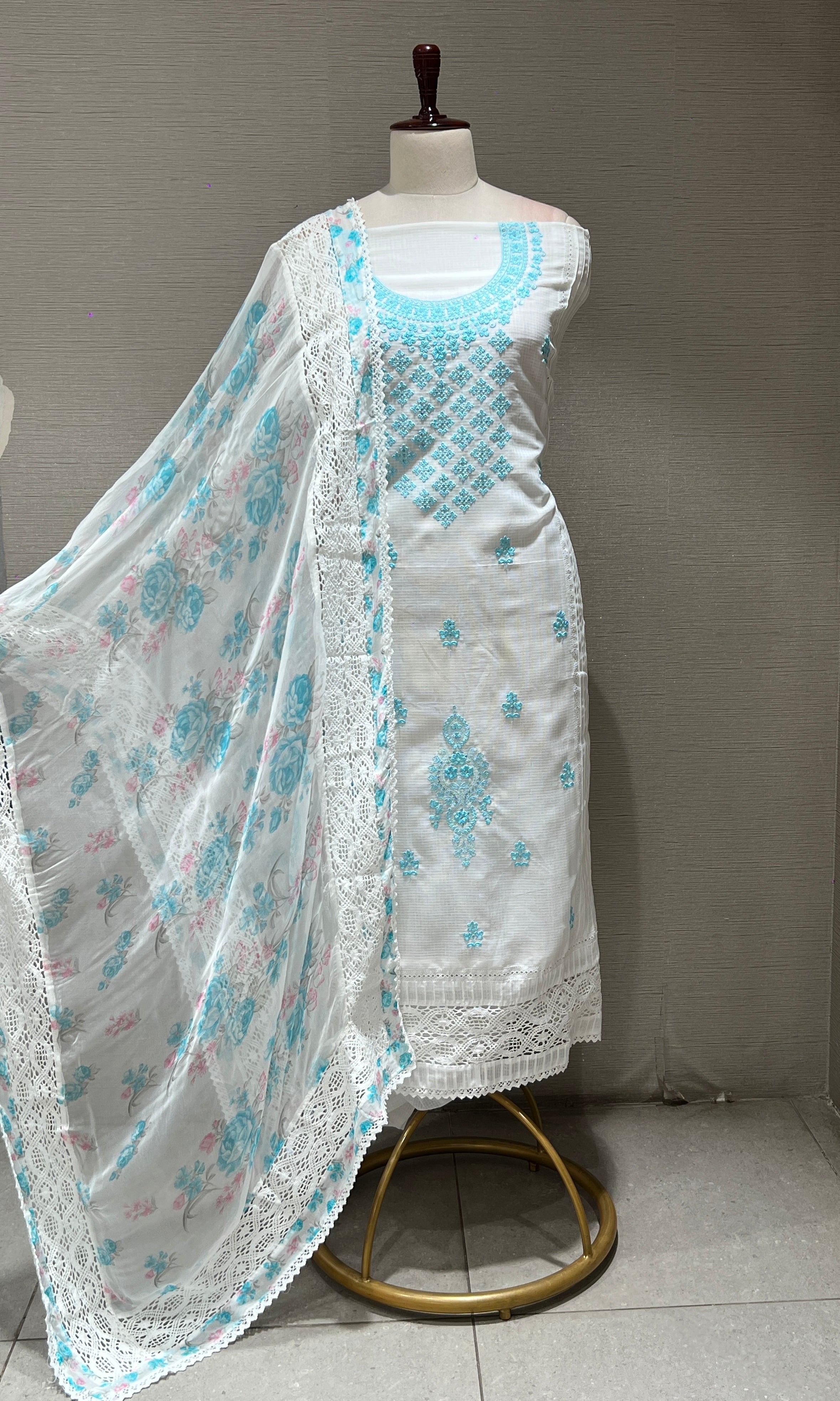 WHITE AND Blue FLORAL dress material