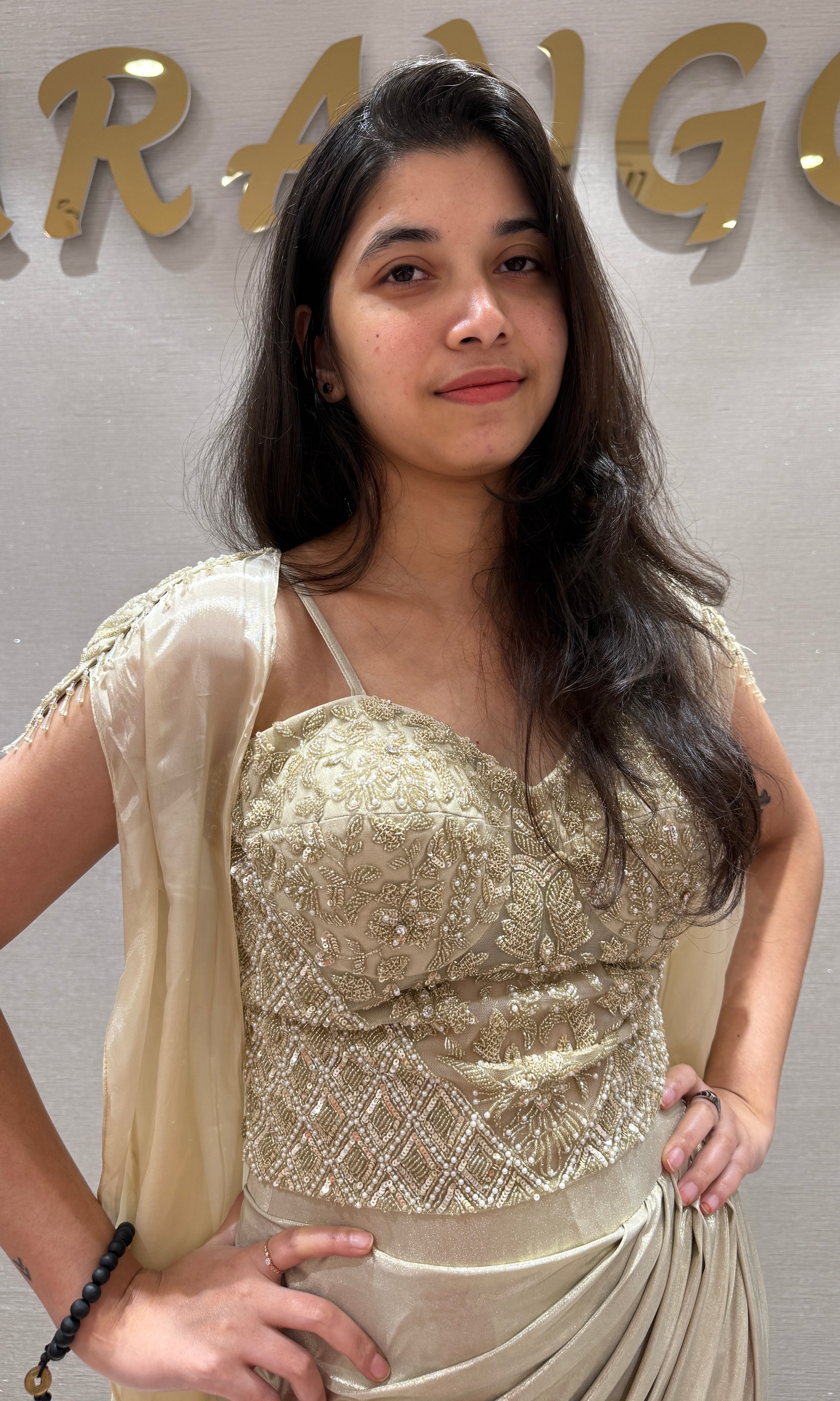 Ivory gold Draped Skirt Set with cape