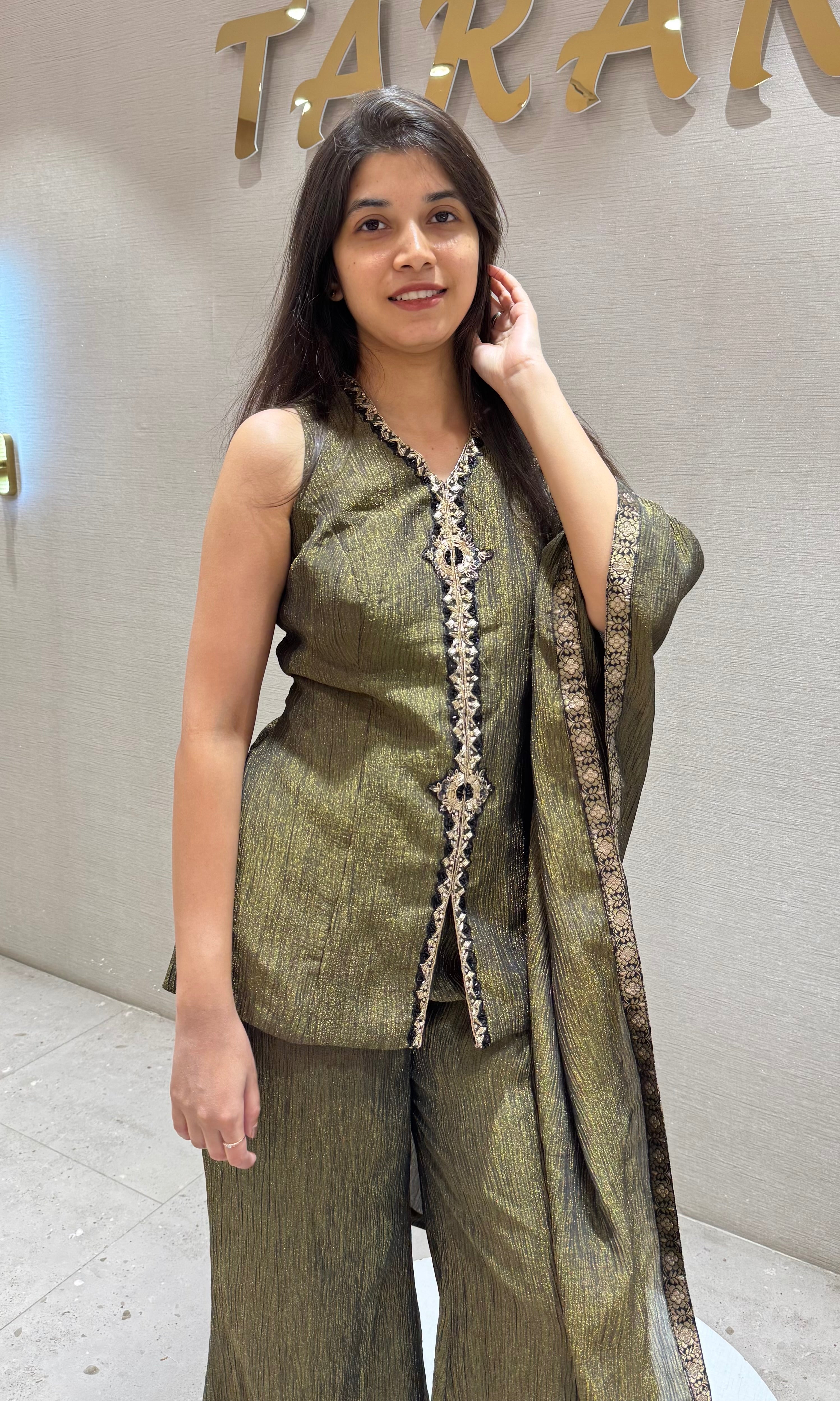 green Printed Floral V Neck SHARARA SET