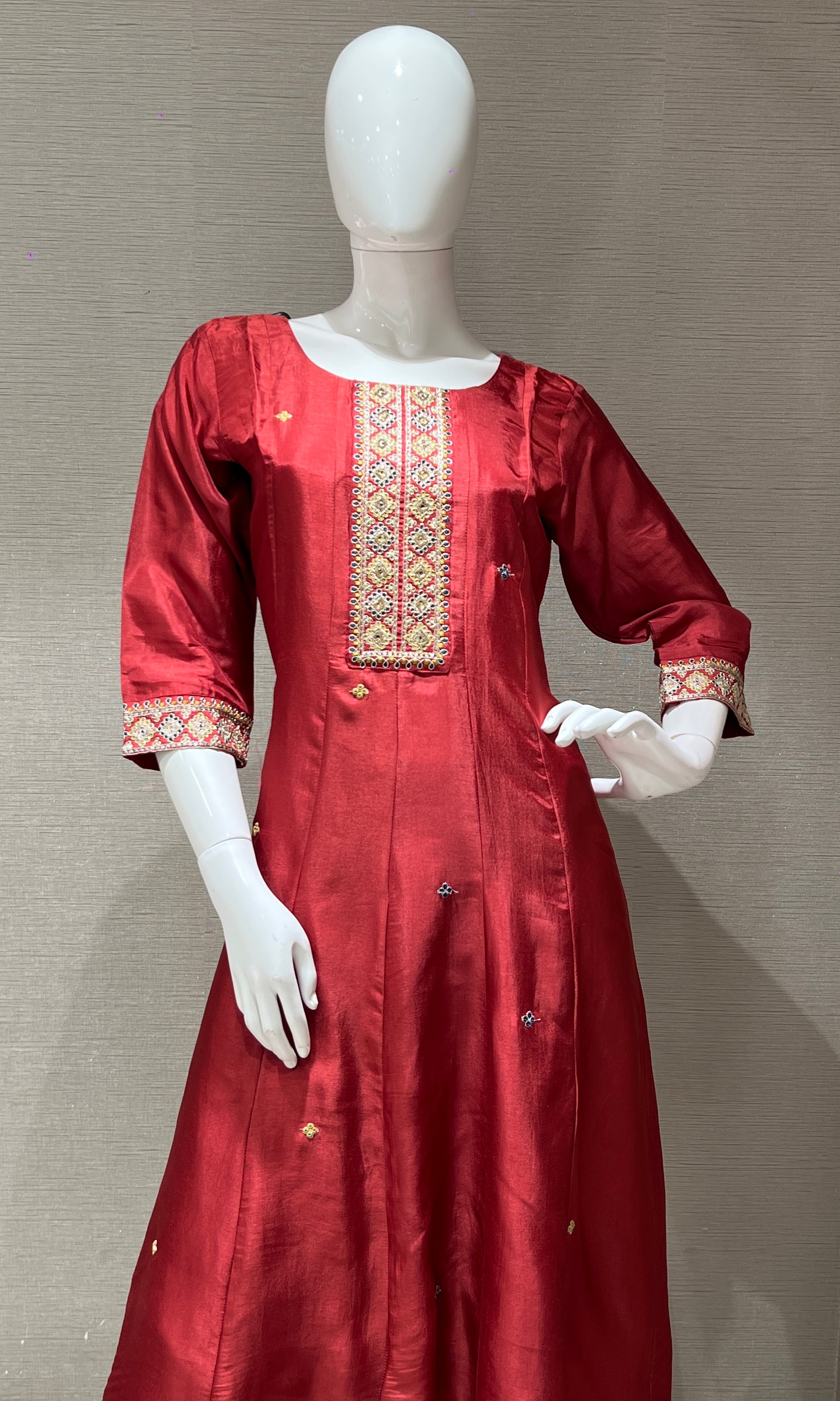 Brown Anarkali set with printed dupatta