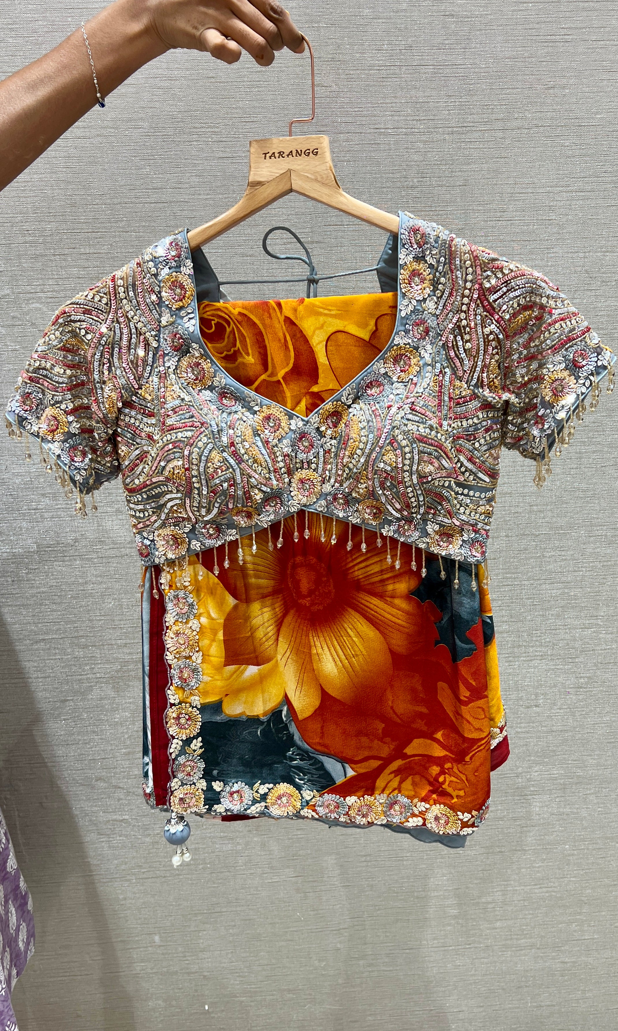 Grey floral saree with embroidery ready blouse