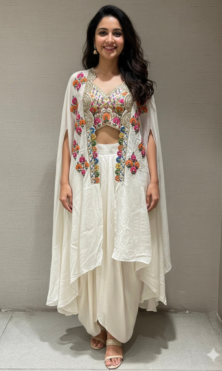 Cream SKIRT WITH FLORAL BLOUSE AND CAPE