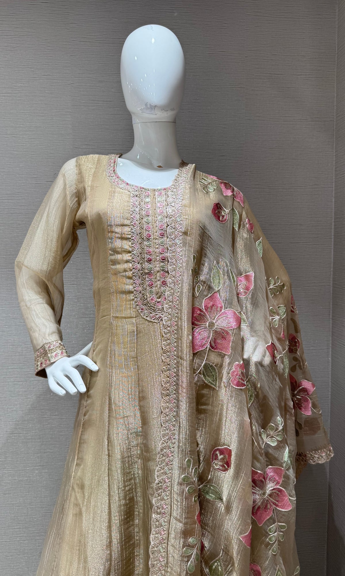 BEIGE EMBROIDERED TISSUE ANARKALI SET WITH FLORAL DUPATTA