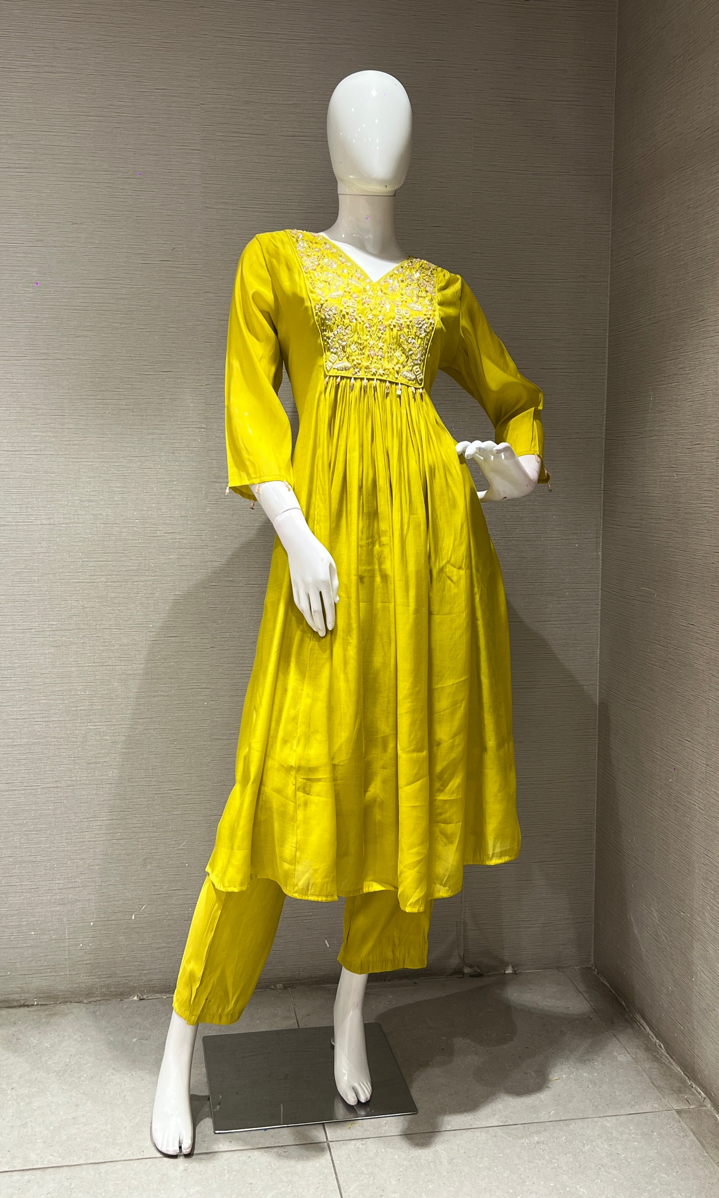 Light yellow EMBROIDERED MUL CHANDERI KURTA SET
