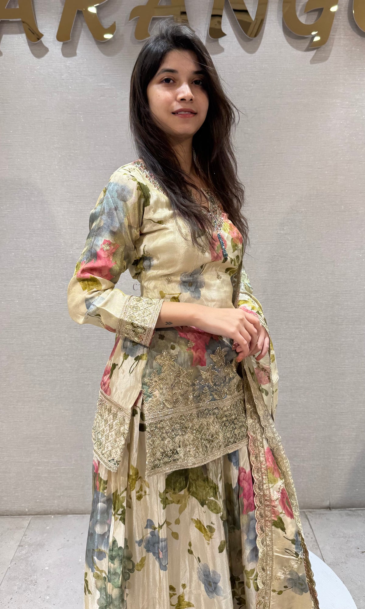 cream silk organza Floral Printed palazzo Set with dupatta