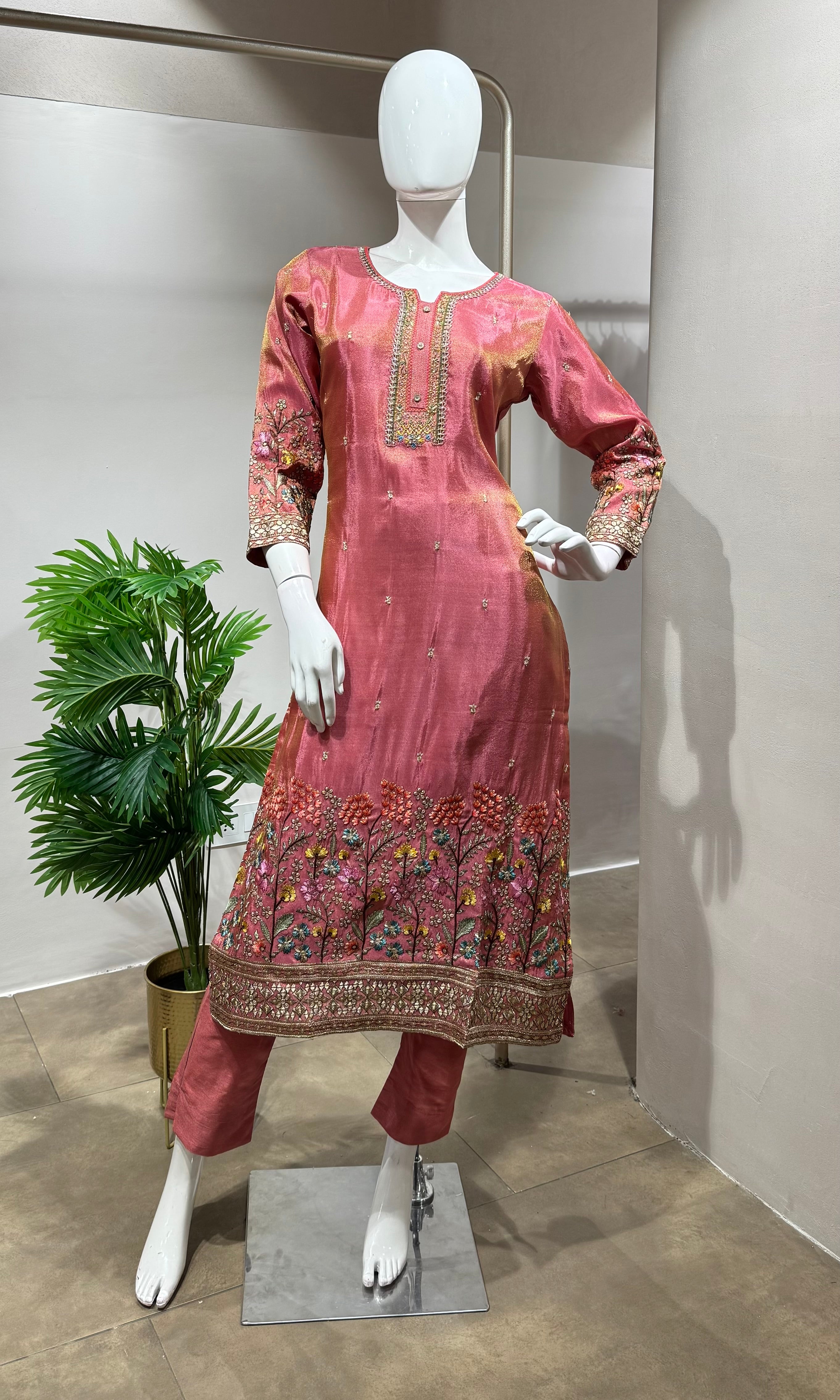 Pink Silk Straight Cut Suit with Zari Detailing