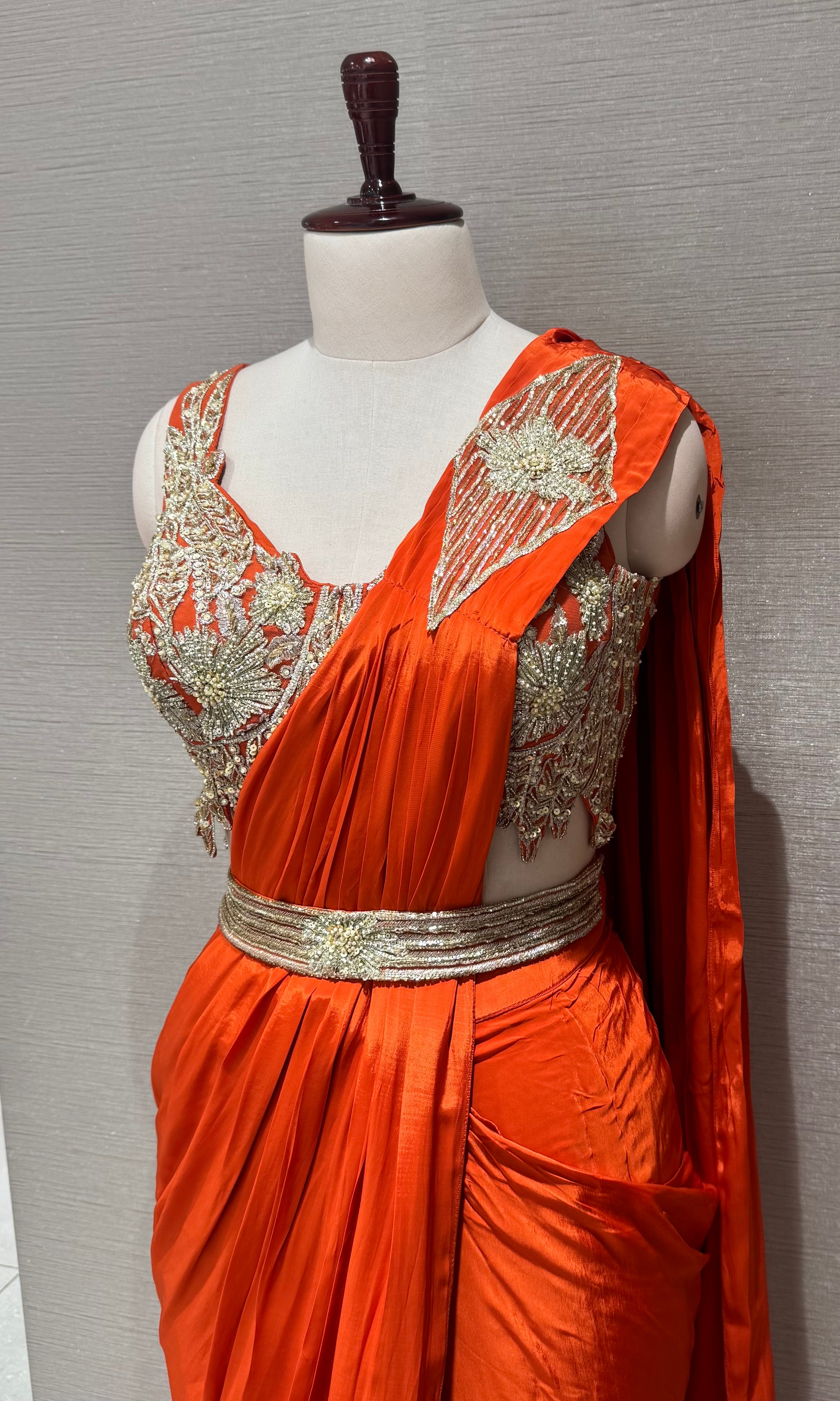 Orange Draped Saree with embroidered blouse & belt