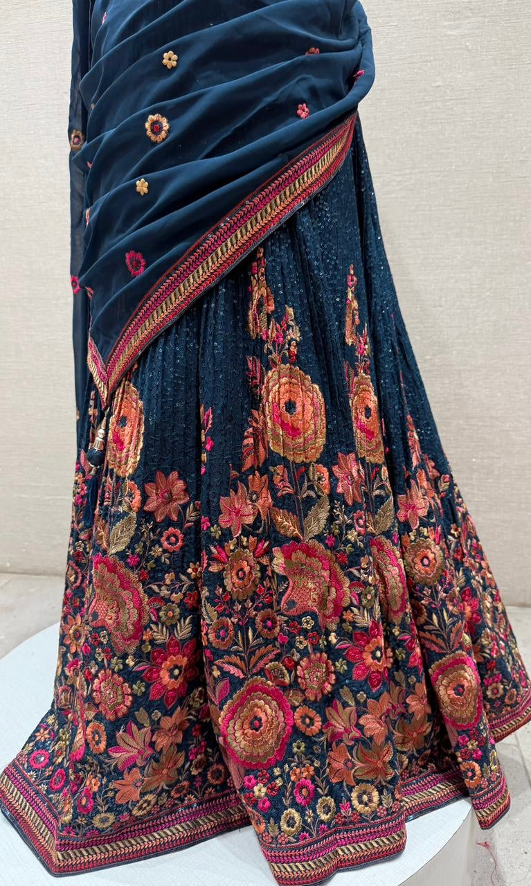 Teal blue floral sequins Lehenga