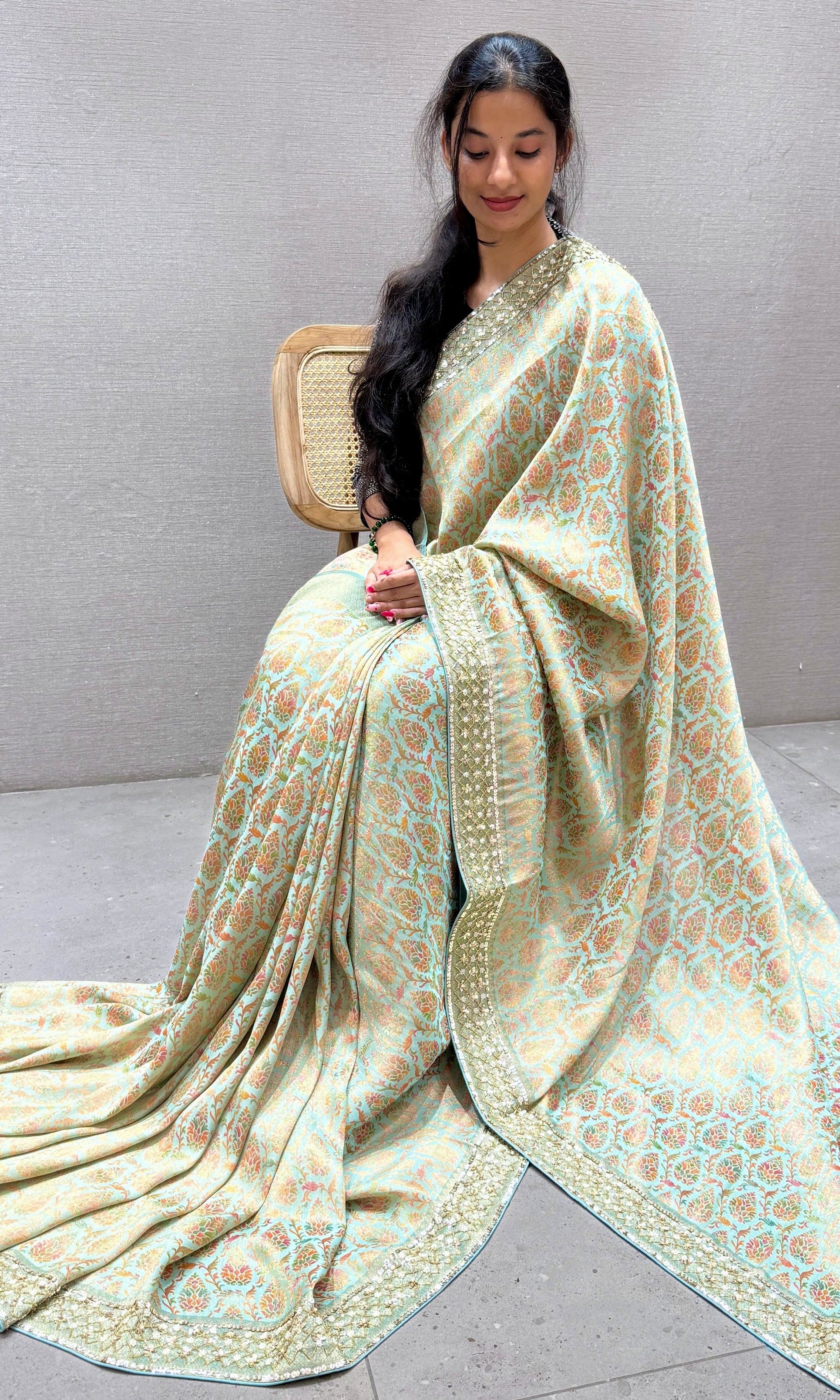 Pastel Sage Green Banarasi saree with ready blouse