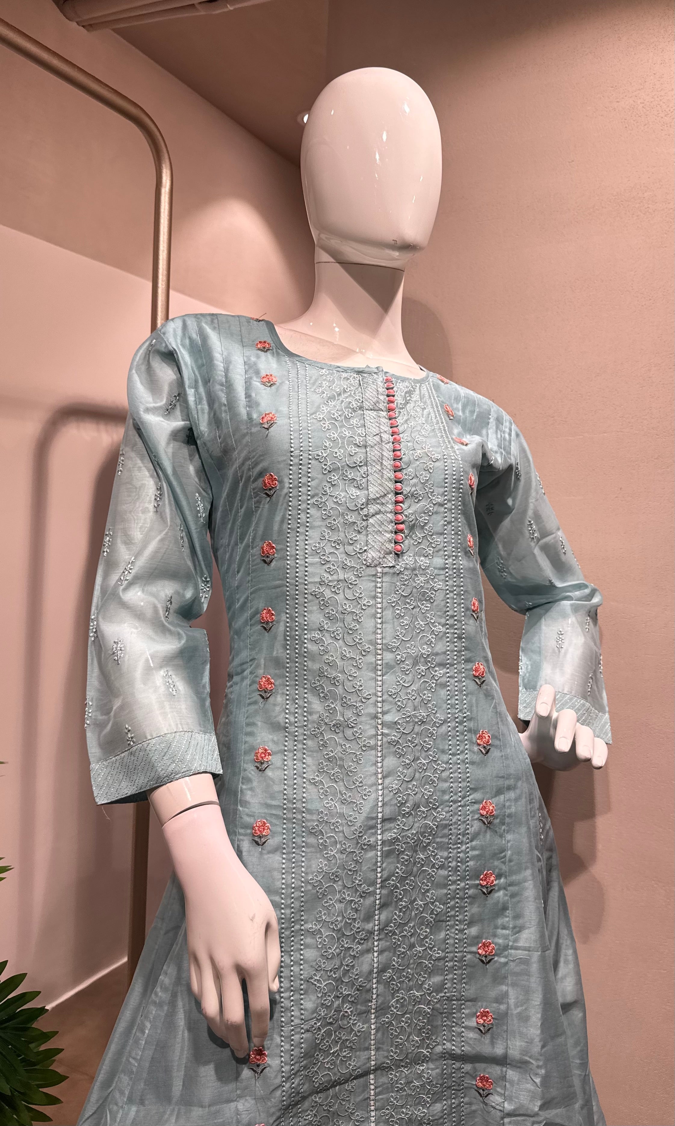 BLUE Floral Cotton Kurta set with dupatta