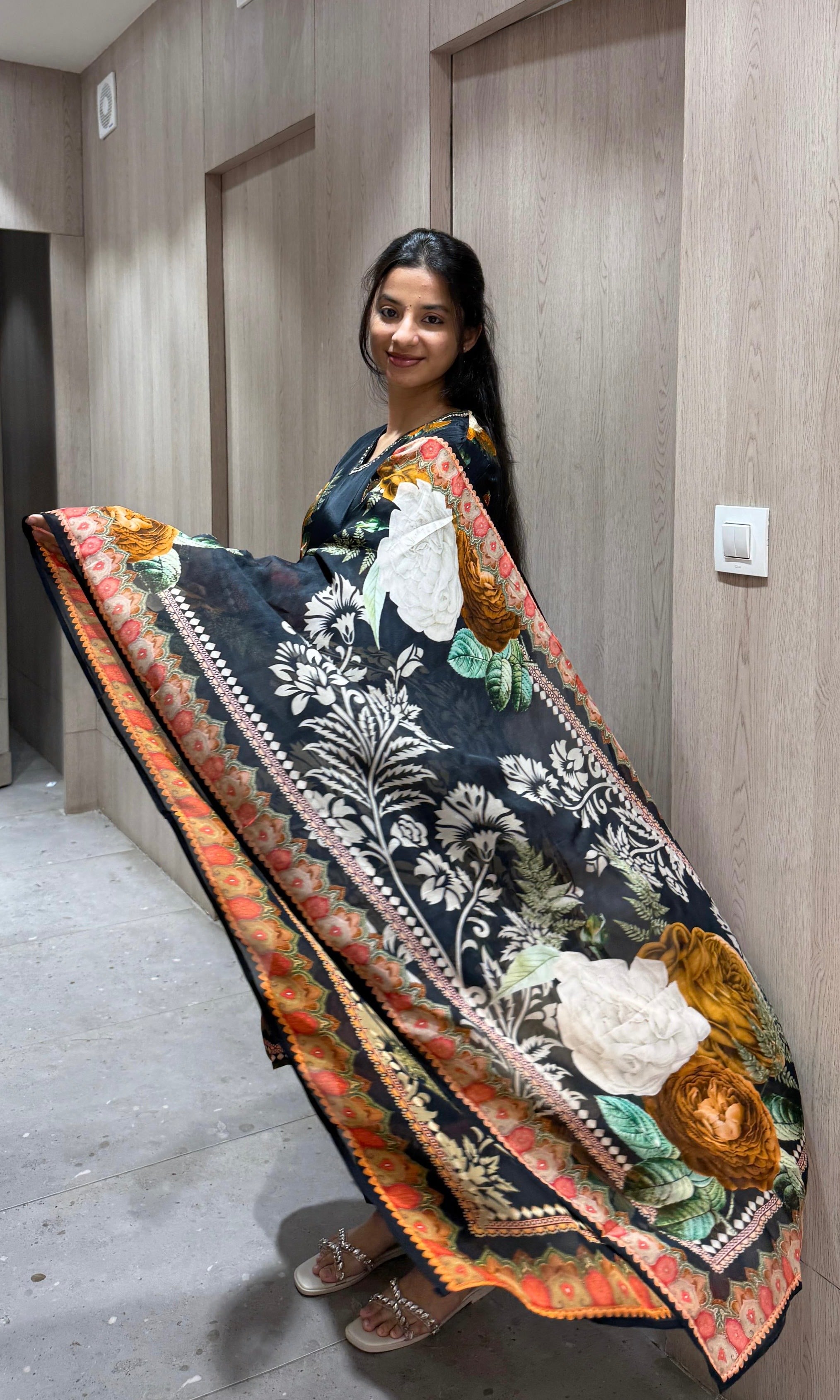 Black Elegant Floral Printed KURTA SET