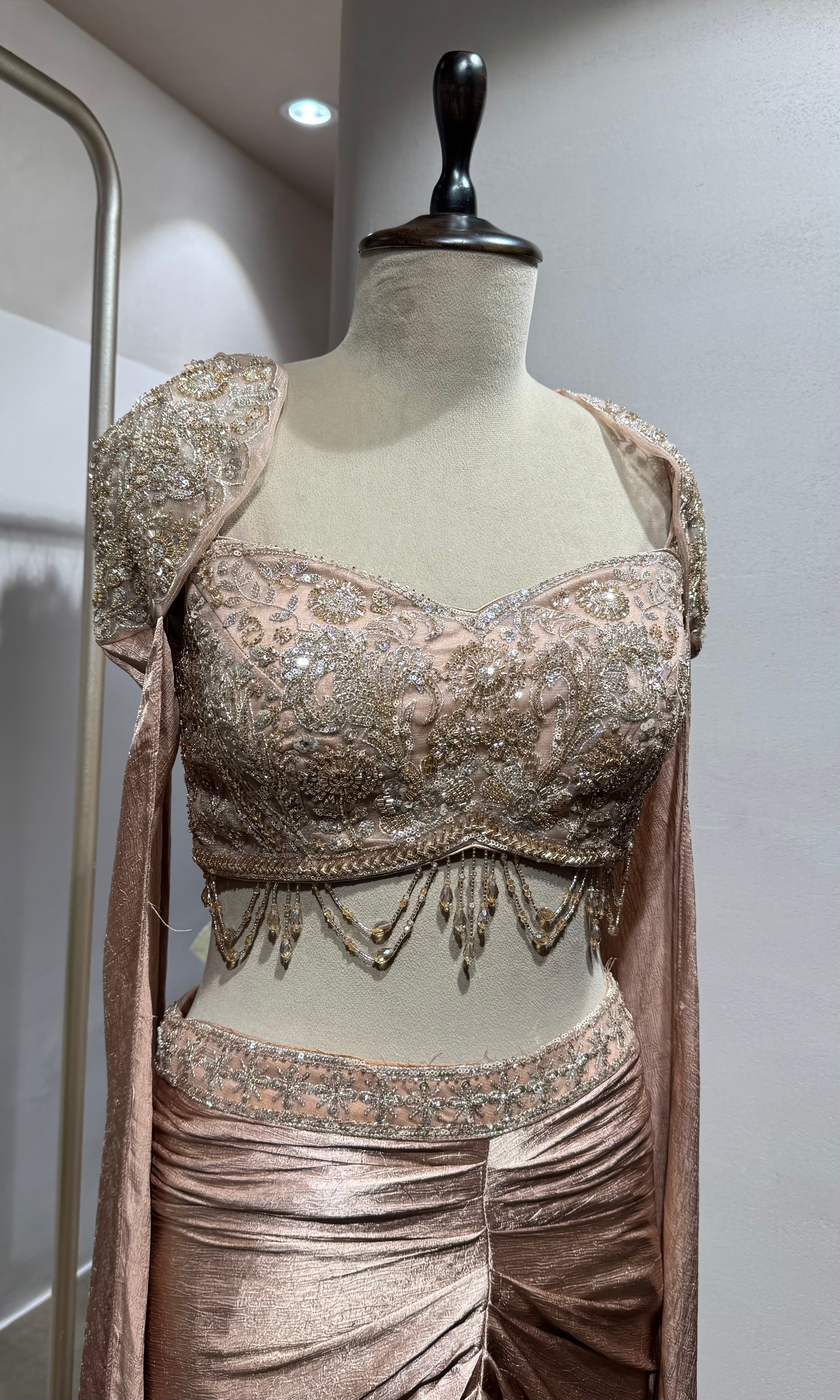 peach Gold skirt with Crystal Embroidered Blouse & Cape