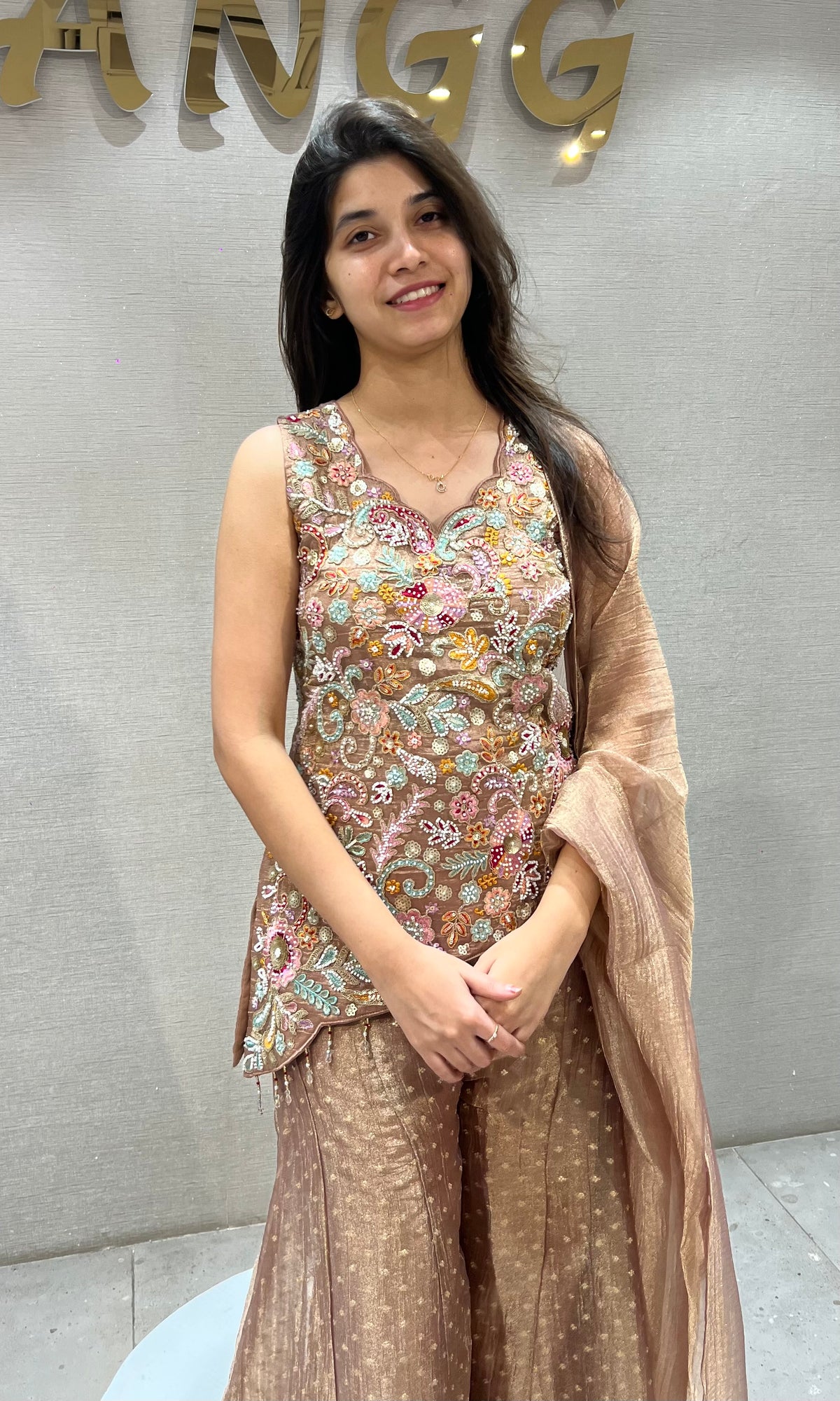 Peach Shimmer Embellished Floral Palazzo set with dupatta