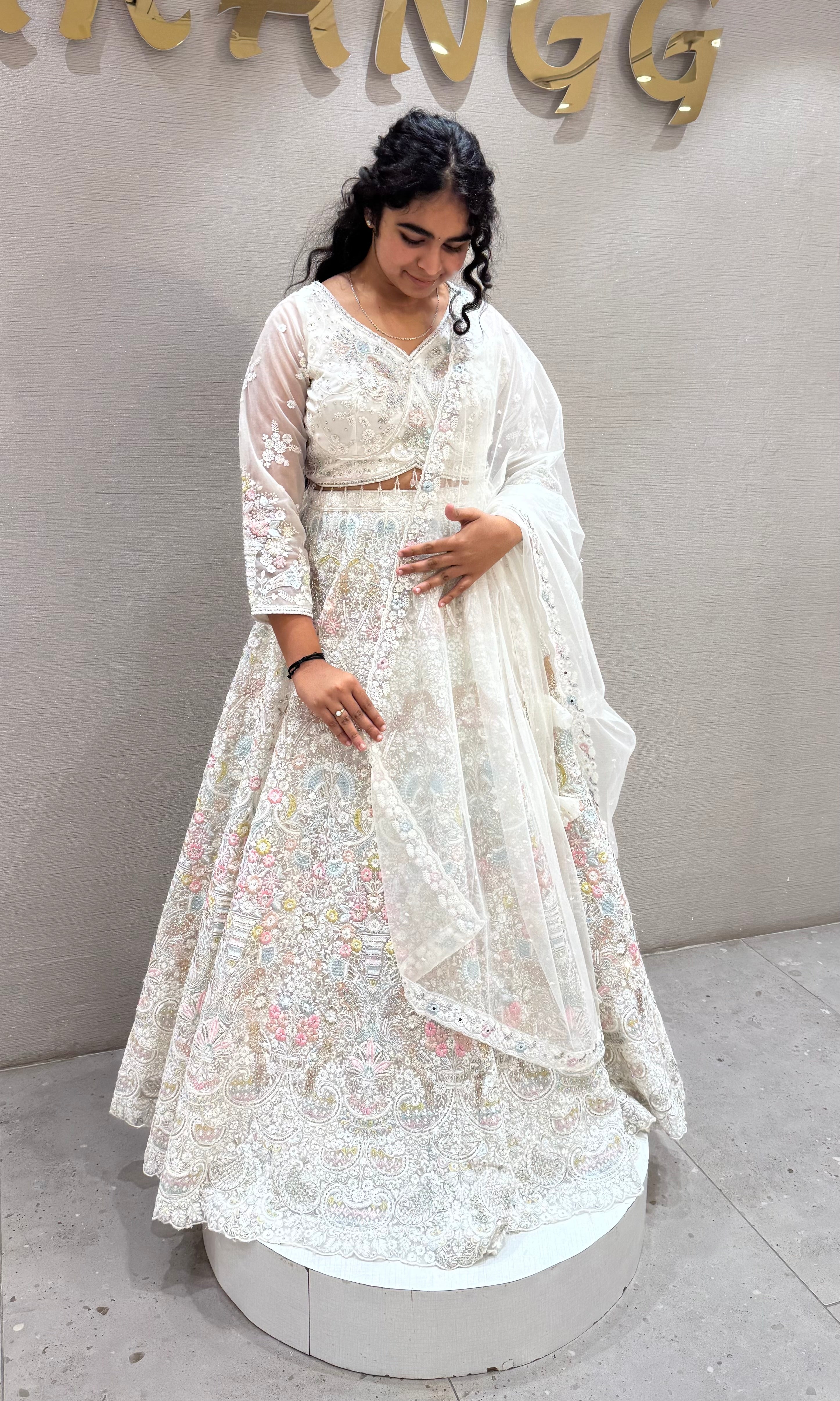 Cream Embroidered Butterfly Net Bridal Lehenga