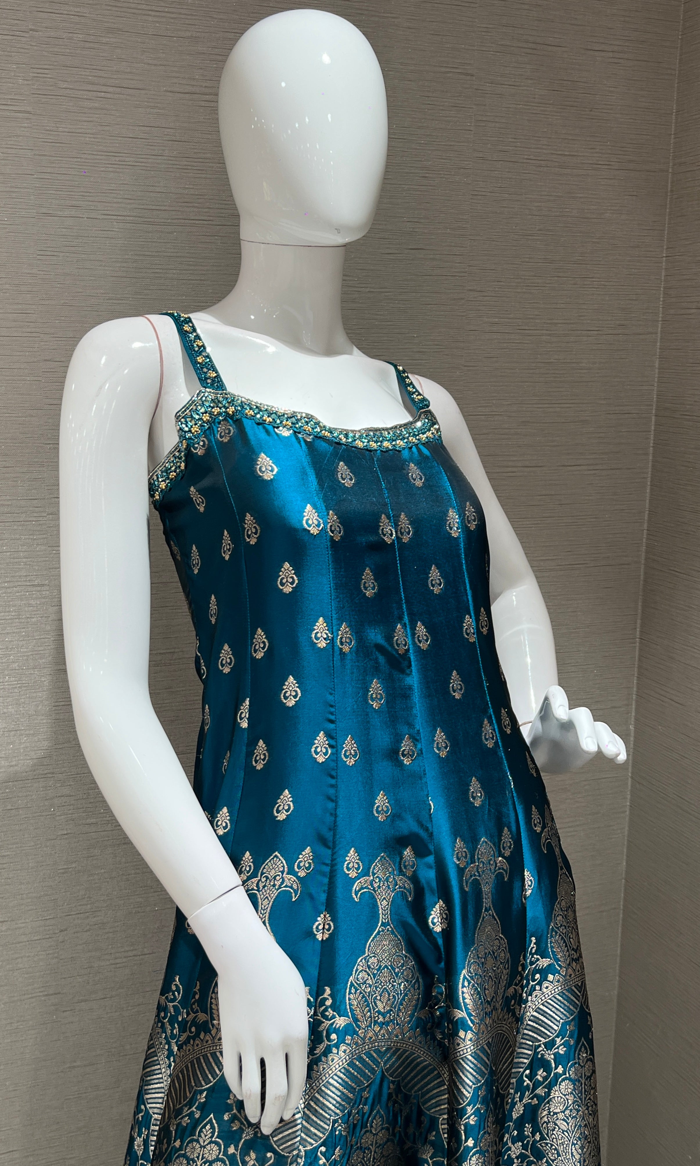 Rama Blue Anarkali with Gold Print embroidery