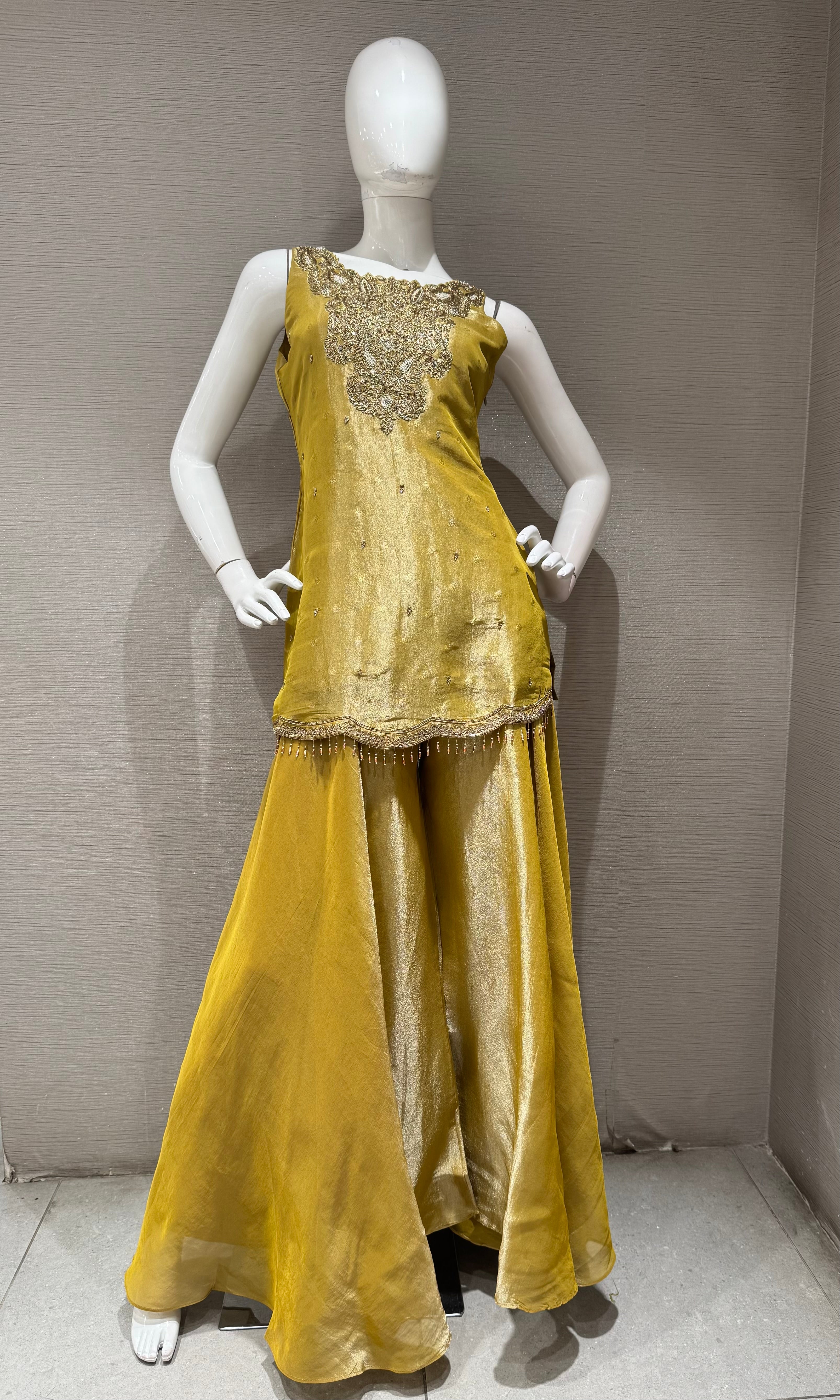 Mustard Gold Tissue silk Embroidered Sharara Set