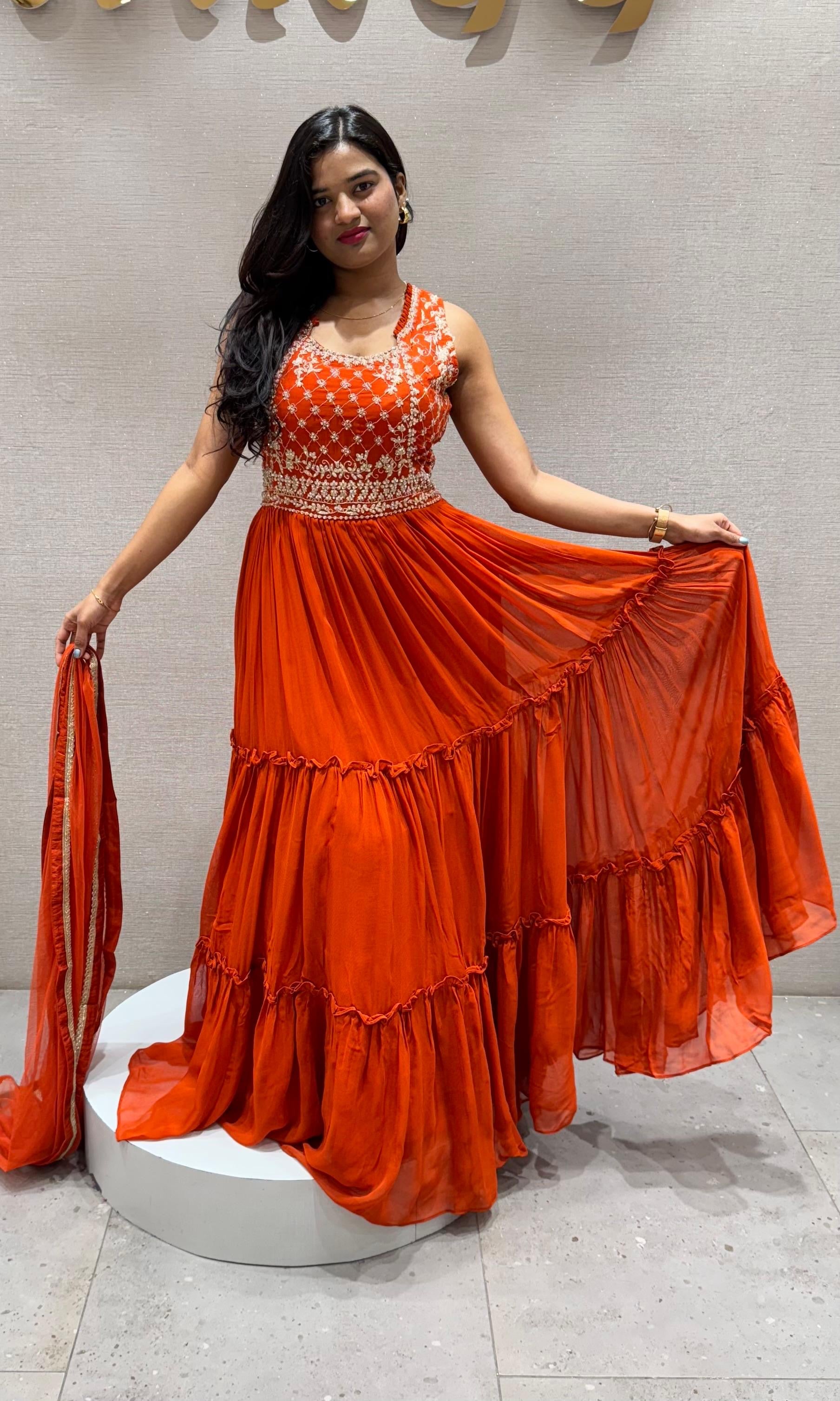 Orange RUFFLE ANARKALI LONG dress