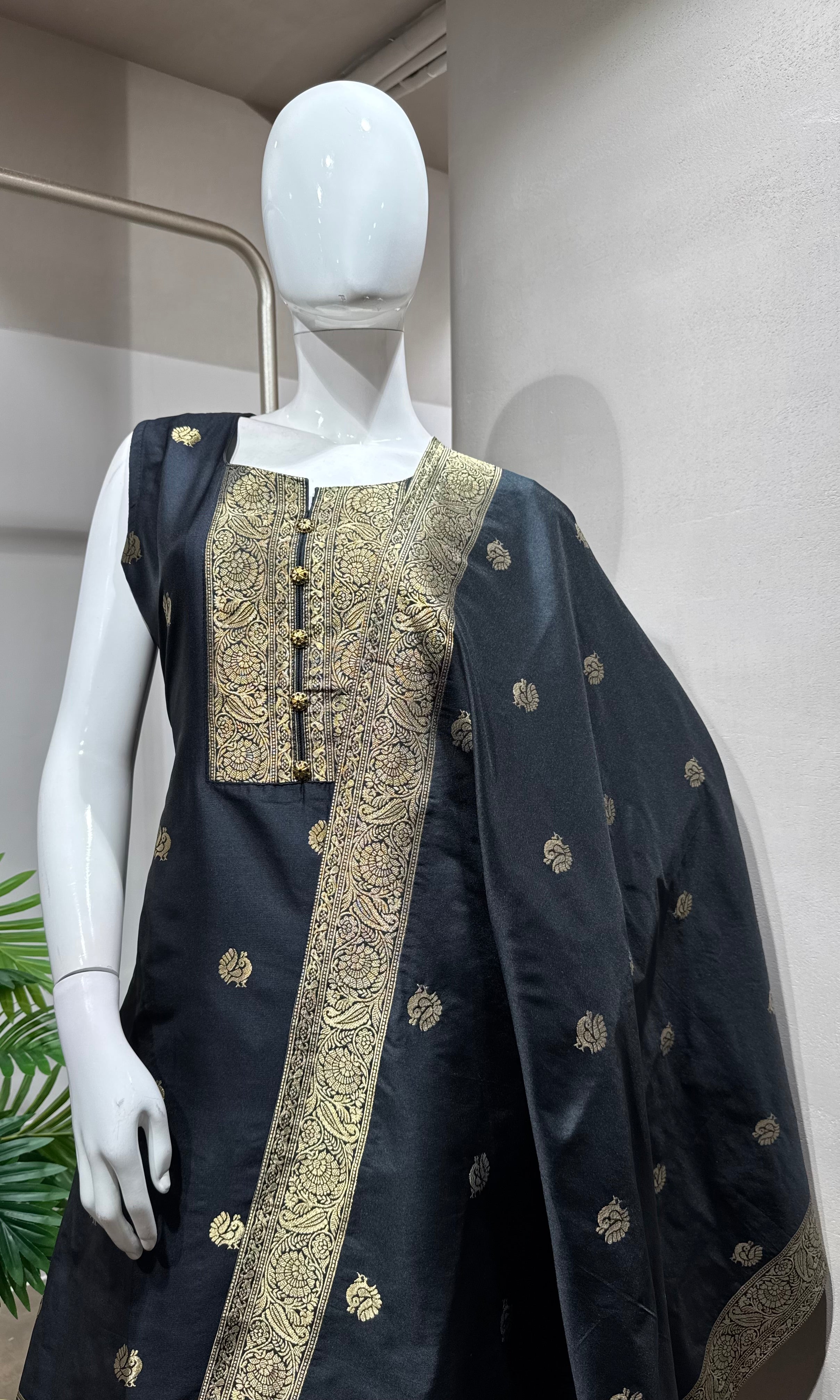 Black Embroidered Silk Kurta Set with Dupatta