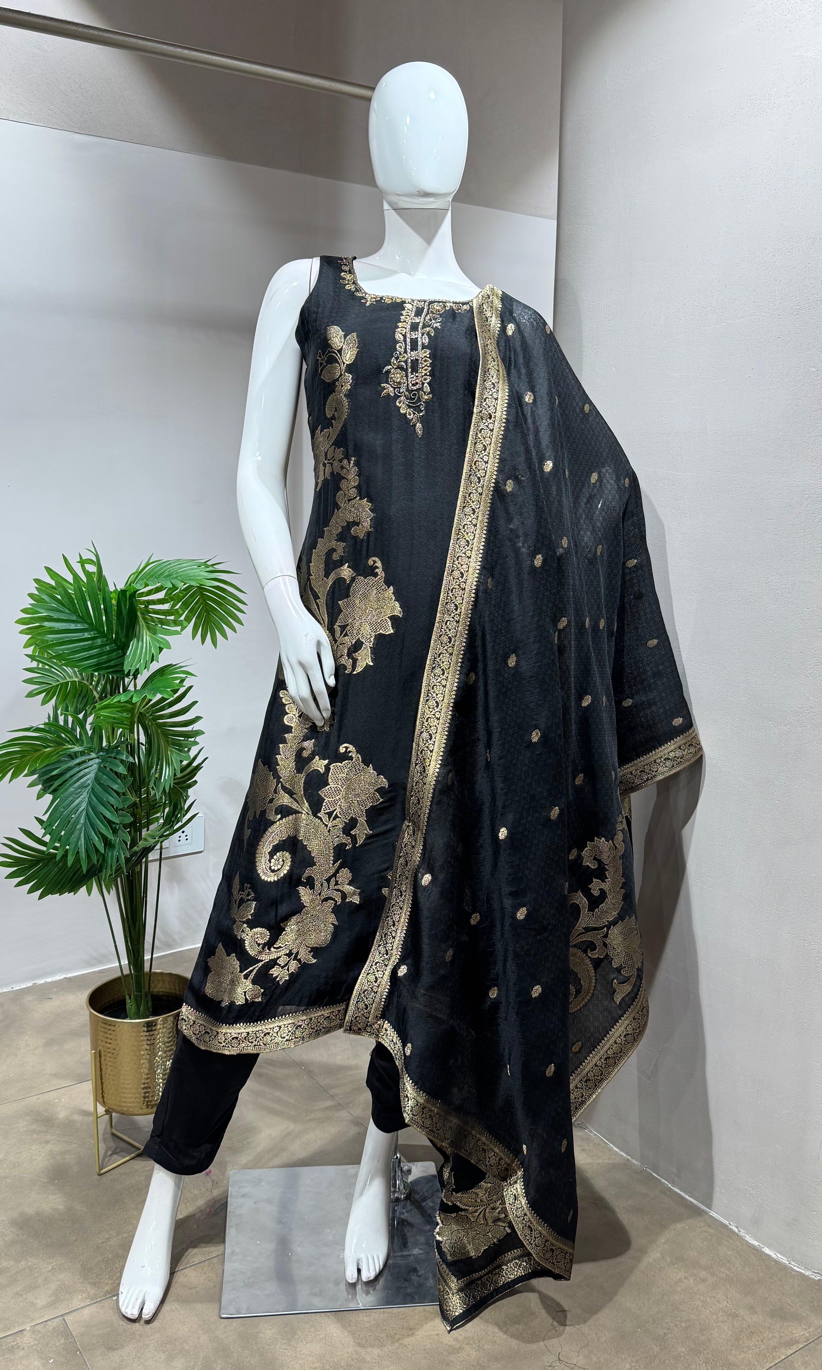 Black Silk Embroidered Straight Cut KURTA SET