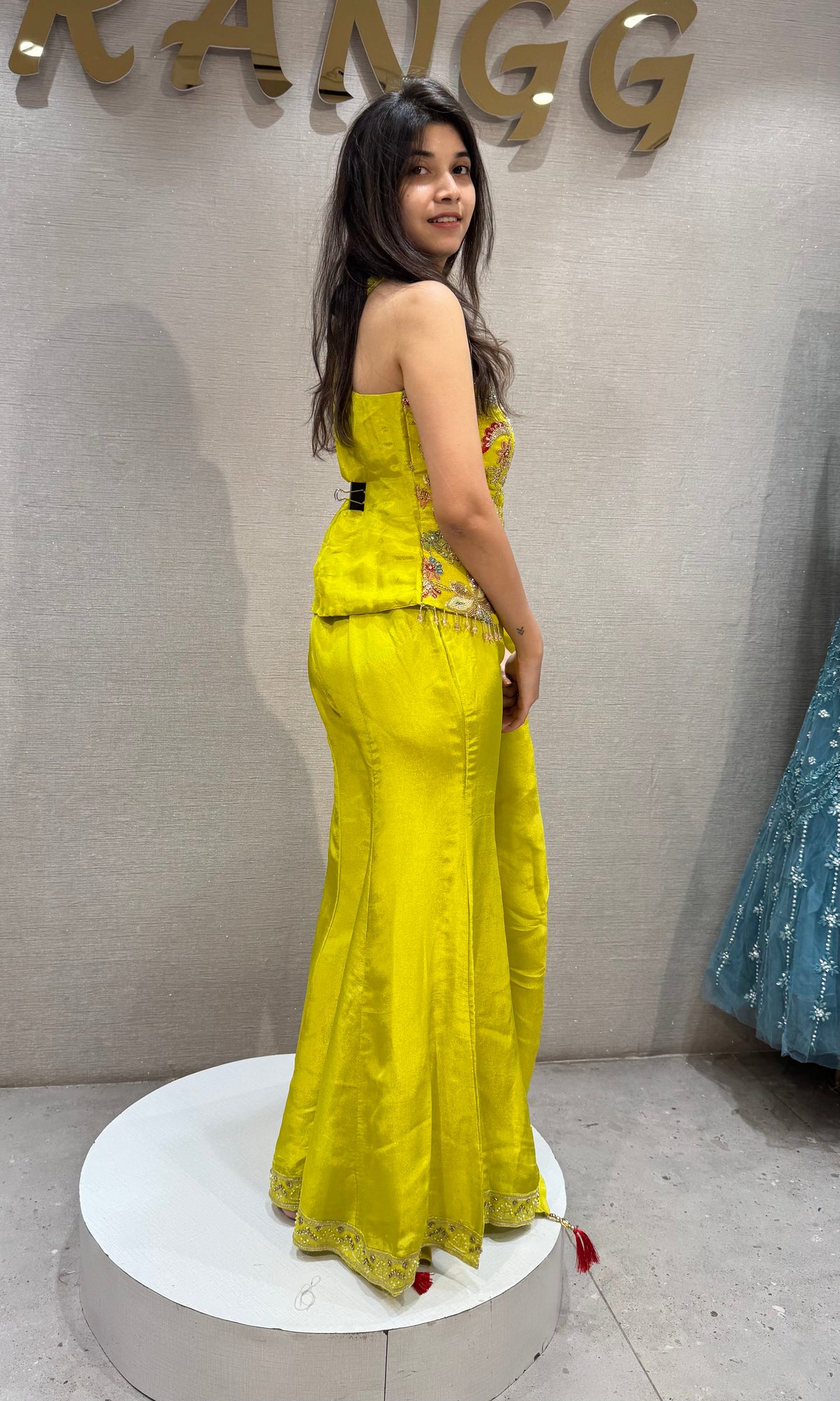 liril yellow silk embroidered halter top palazzo set with dupatta
