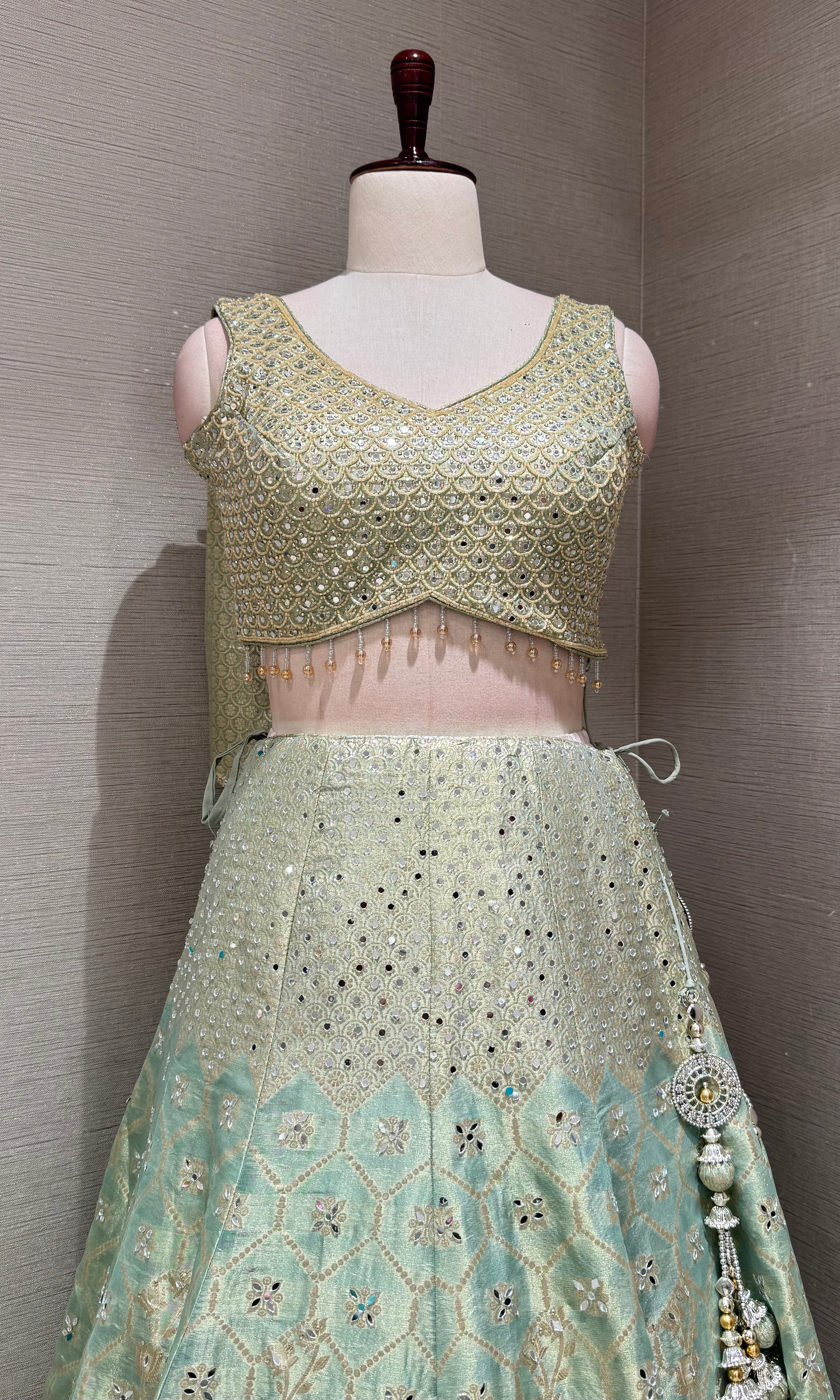 pista green Embroidered Lehenga Choli Set with Dupatta