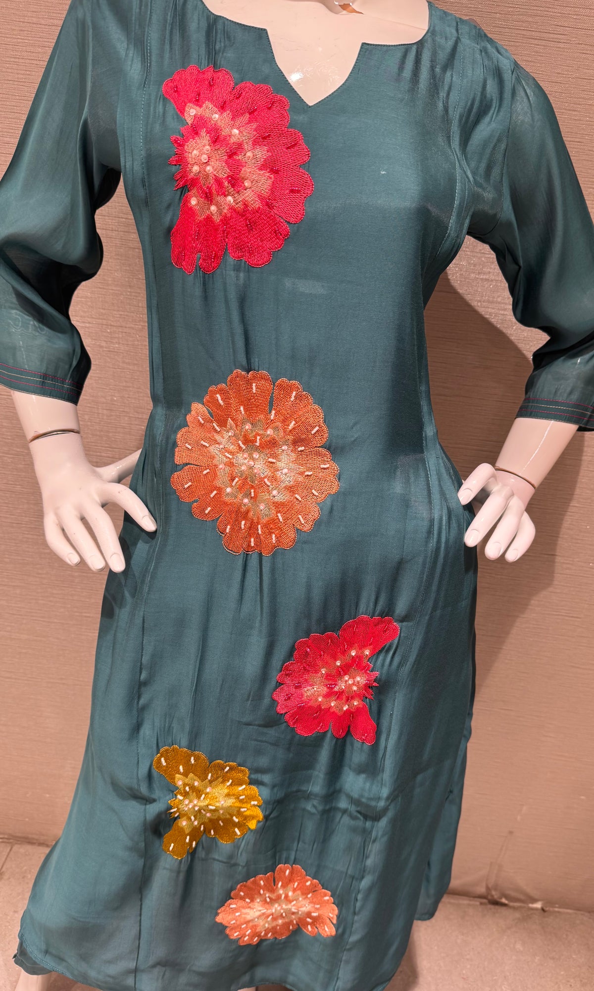 Sea Green cotton silk Floral Motif Kurta set with dupatta