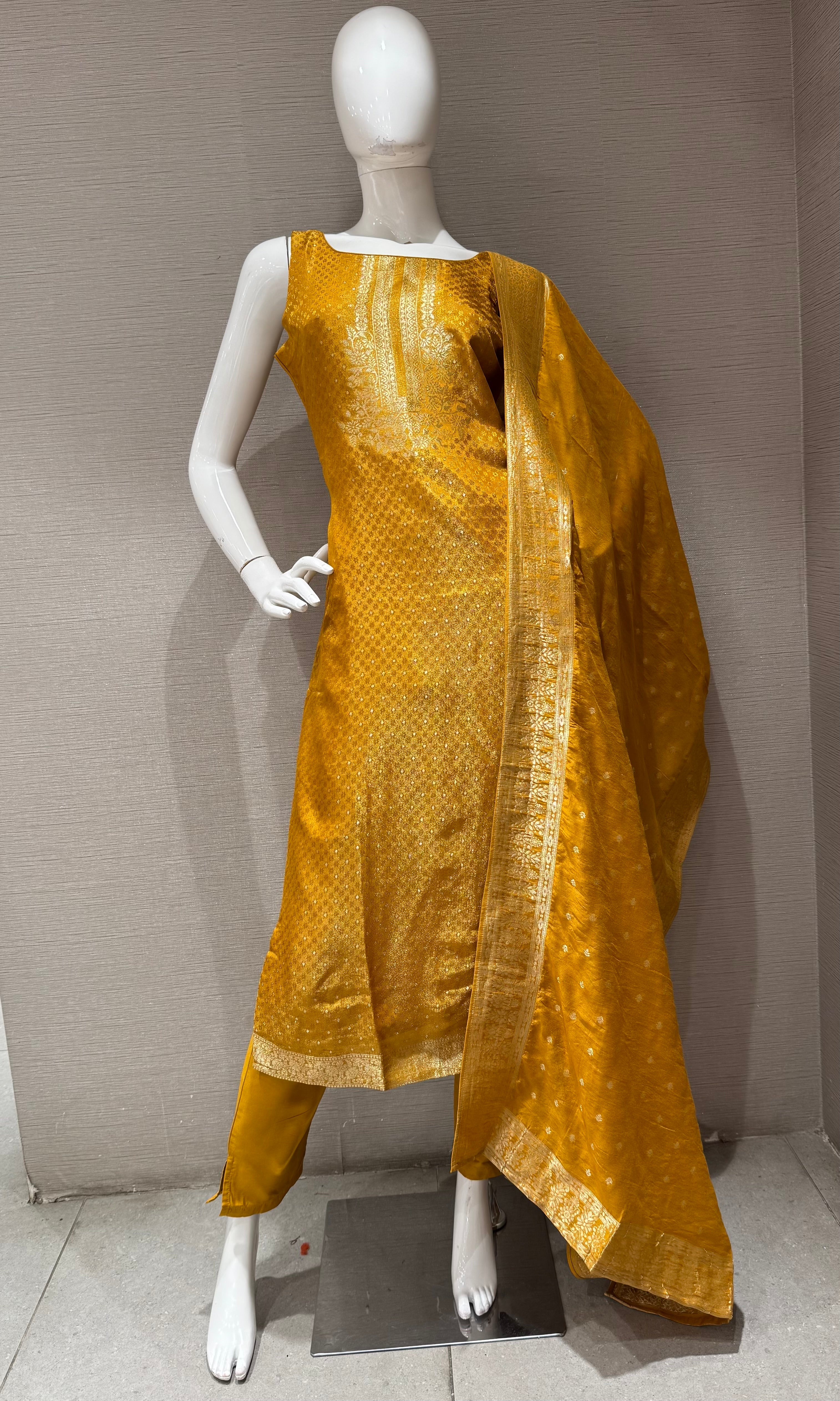Mustard Yellow Kurta Set with Metallic Border Dupatta