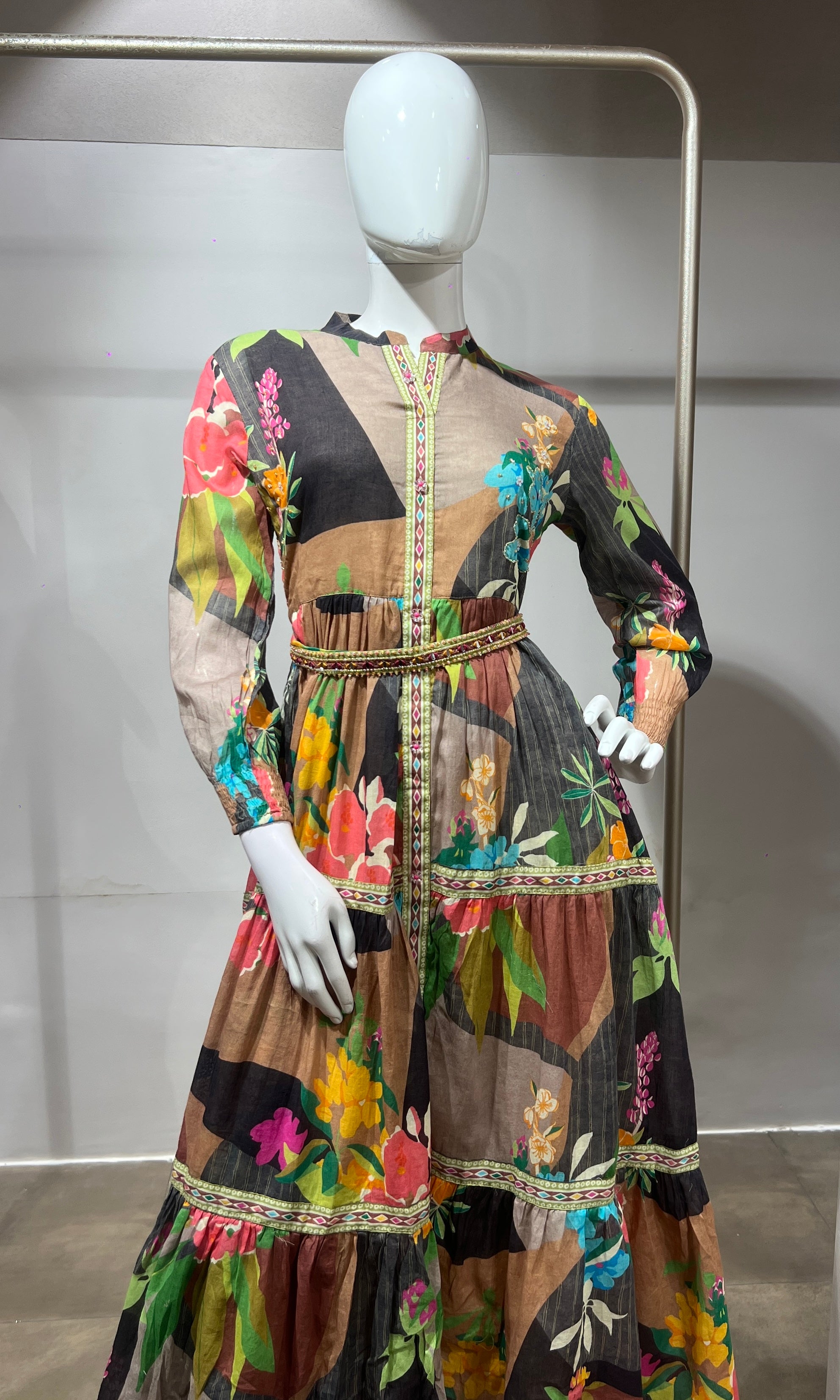 Green Multi Abstract Print Long Sleeve Frock
