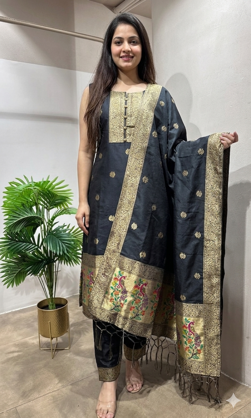 Black Embroidered Silk Kurta Set with Dupatta