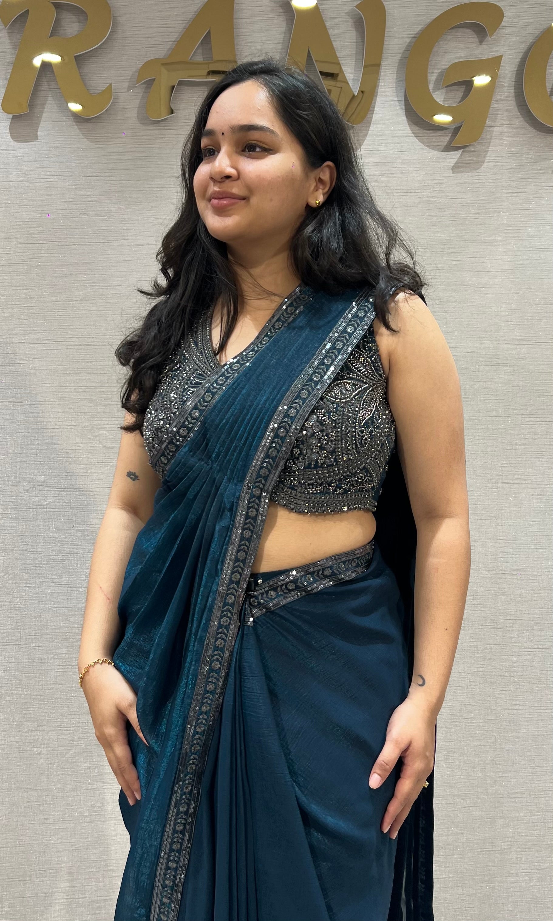 Peacock Blue Georgette Draped Saree